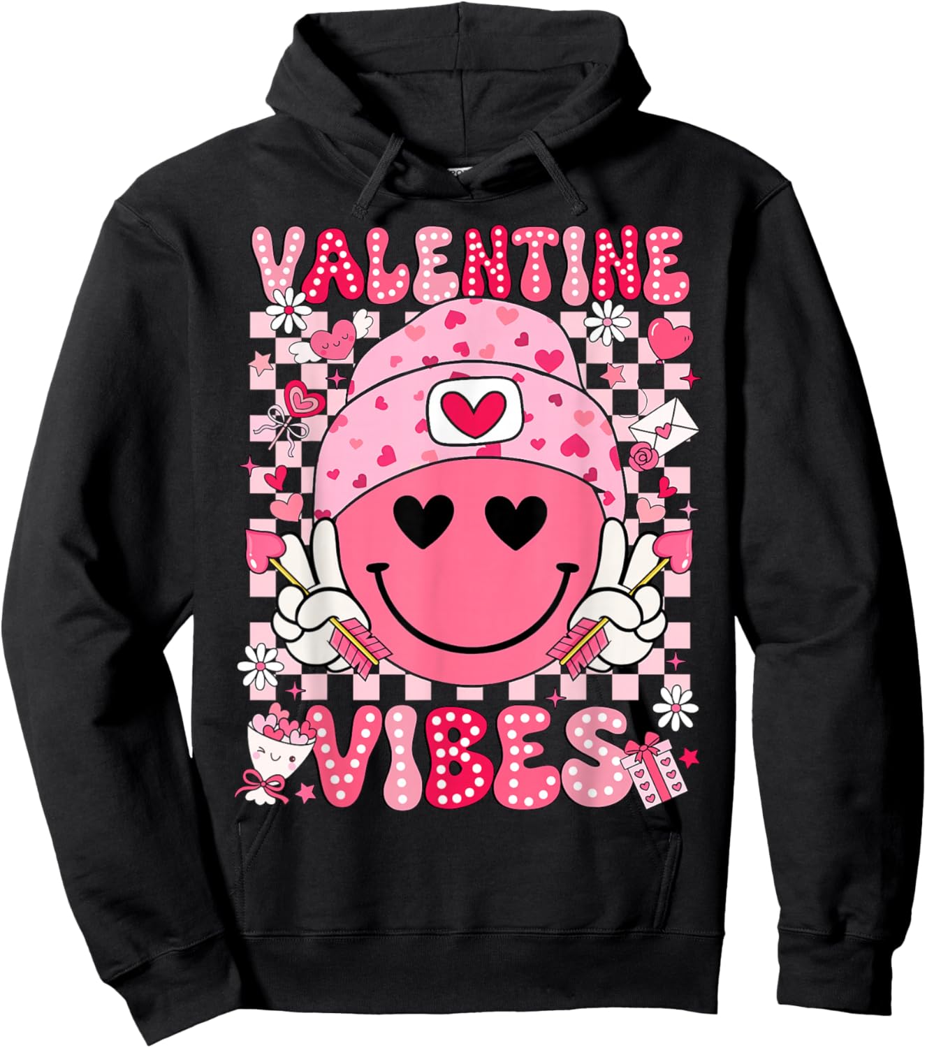 Valentine Vibes Groovy Smile Face Valentines Day Men Women Hoodie - Hoodie | Black