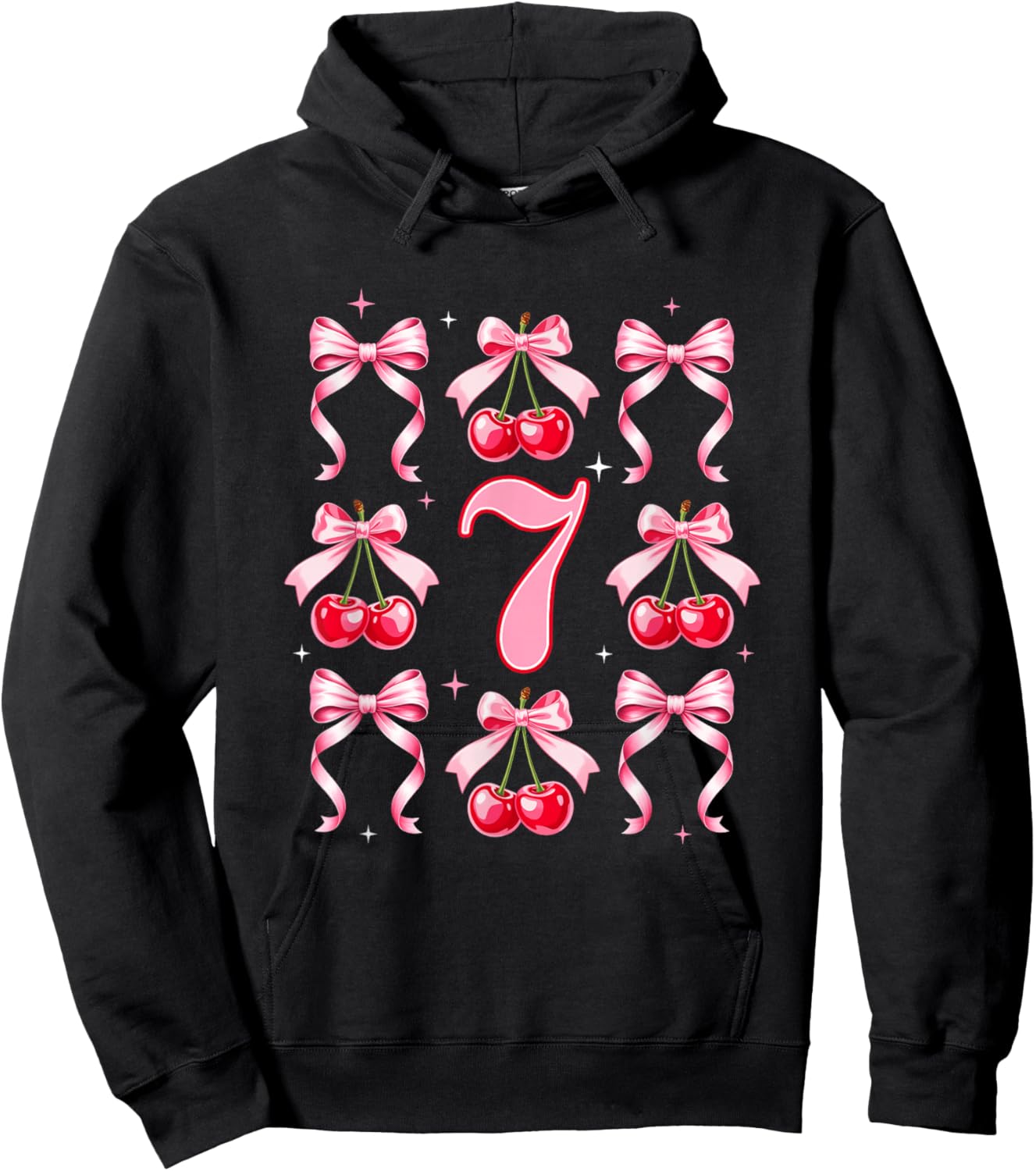 Birthday Girl 7Th Birthday Cherry Coquette Bow 7 Years Old Hoodie - Hoodie | Black