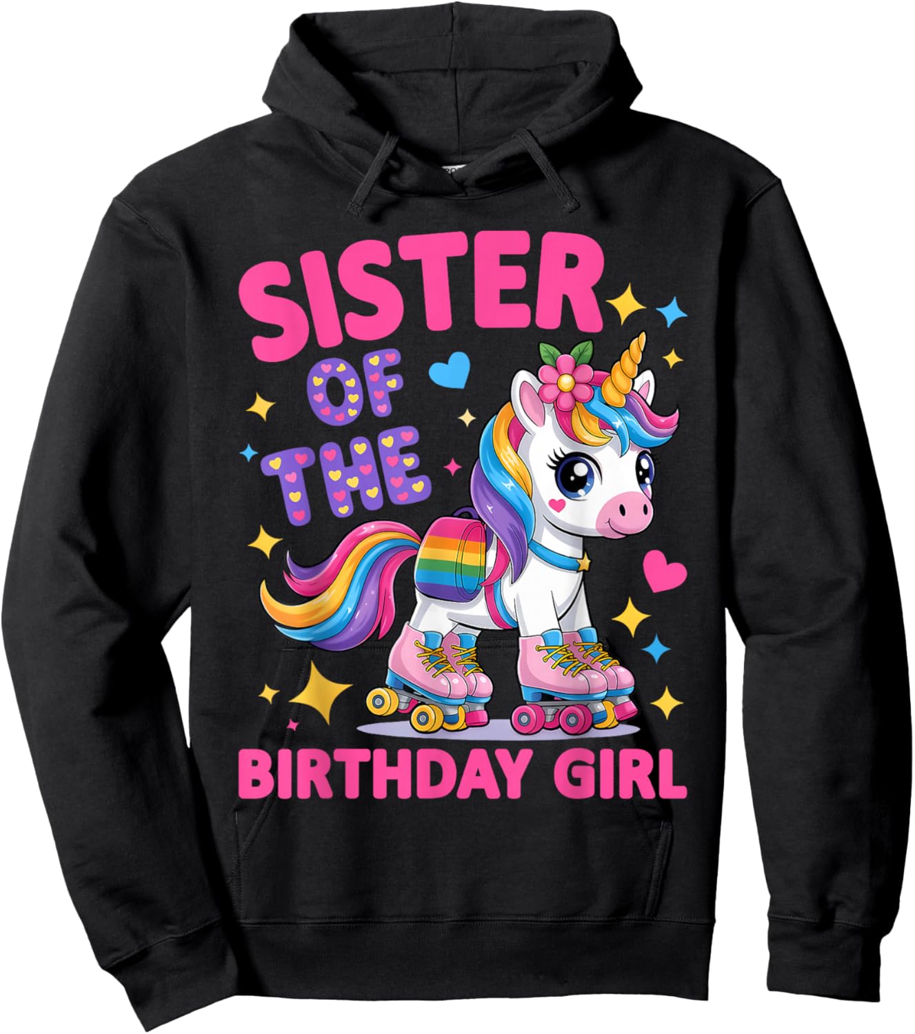 Sister of The Birthday Girl Rolling Unicorn Birthday Party Hoodie - Hoodie | Black