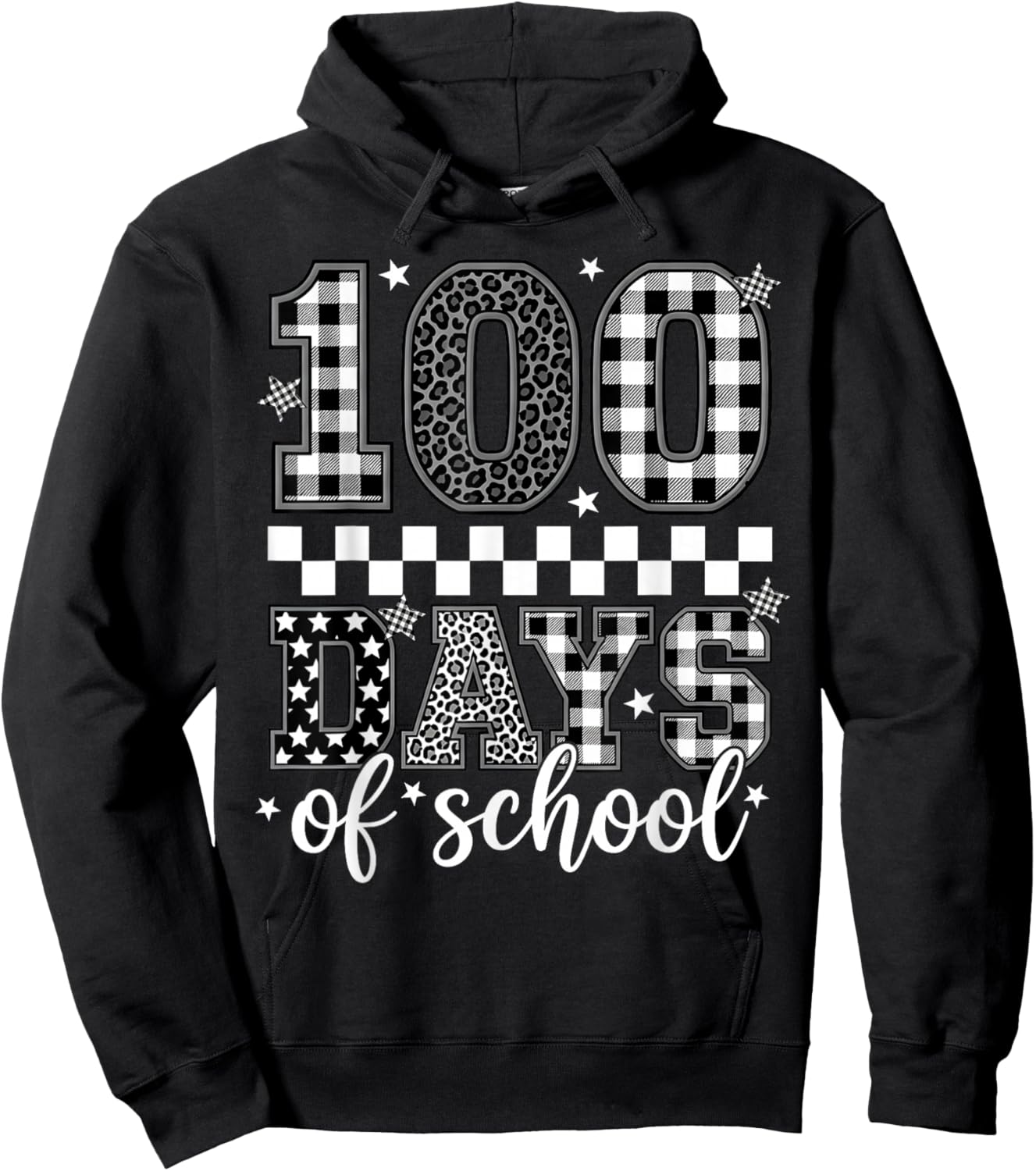 Black White Checkered Leopard 100 Days of School Teacher Kid Hoodie - Hoodie | Black