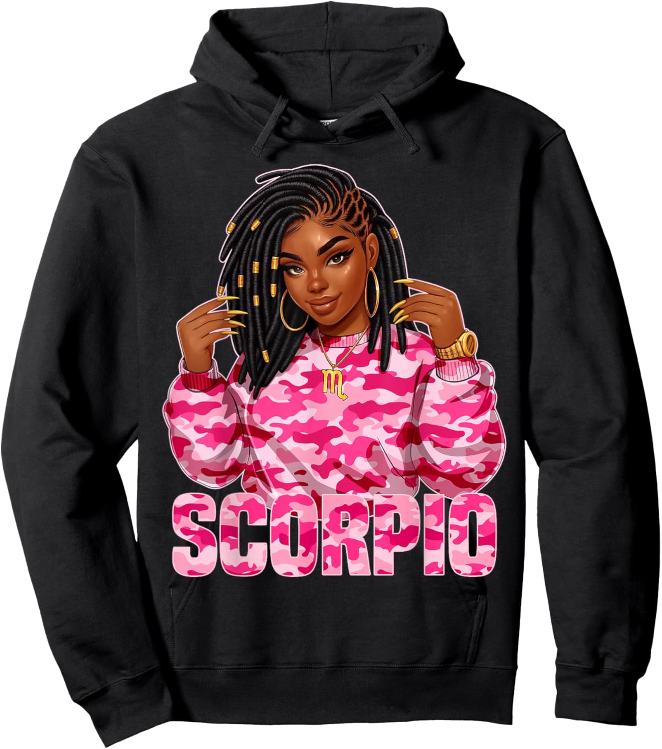 Scorpio Queen Loc'd Black Woman Pink Camo Zodiac Sign Hoodie - Hoodie | Black