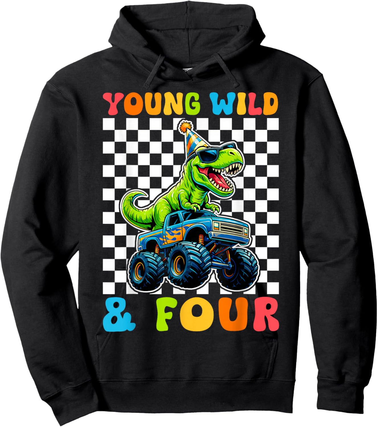 Young Wild & Four T-Rex Dino Monster Truck 4th Birthday Hoodie - Hoodie | Black
