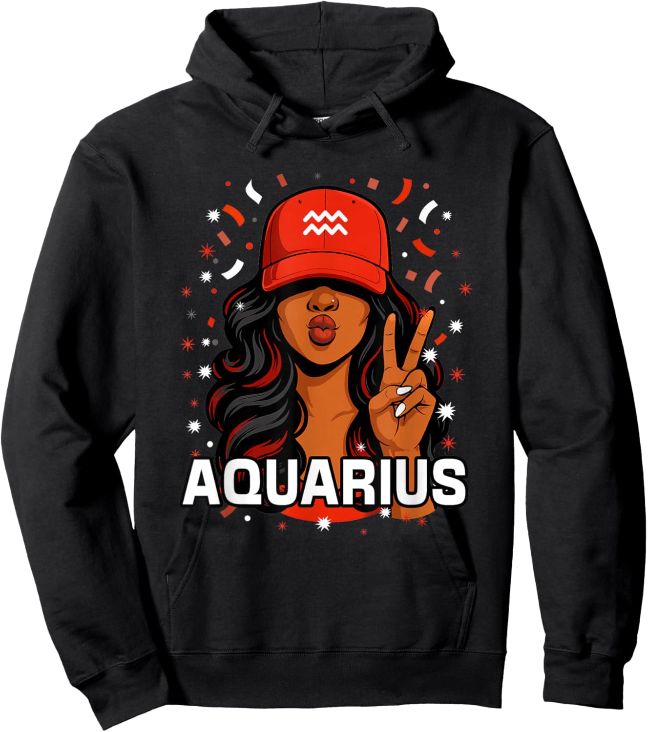 Aquarius Black Woman Red Hat Symbol Birthday Zodiac Hoodie - Hoodie | Black