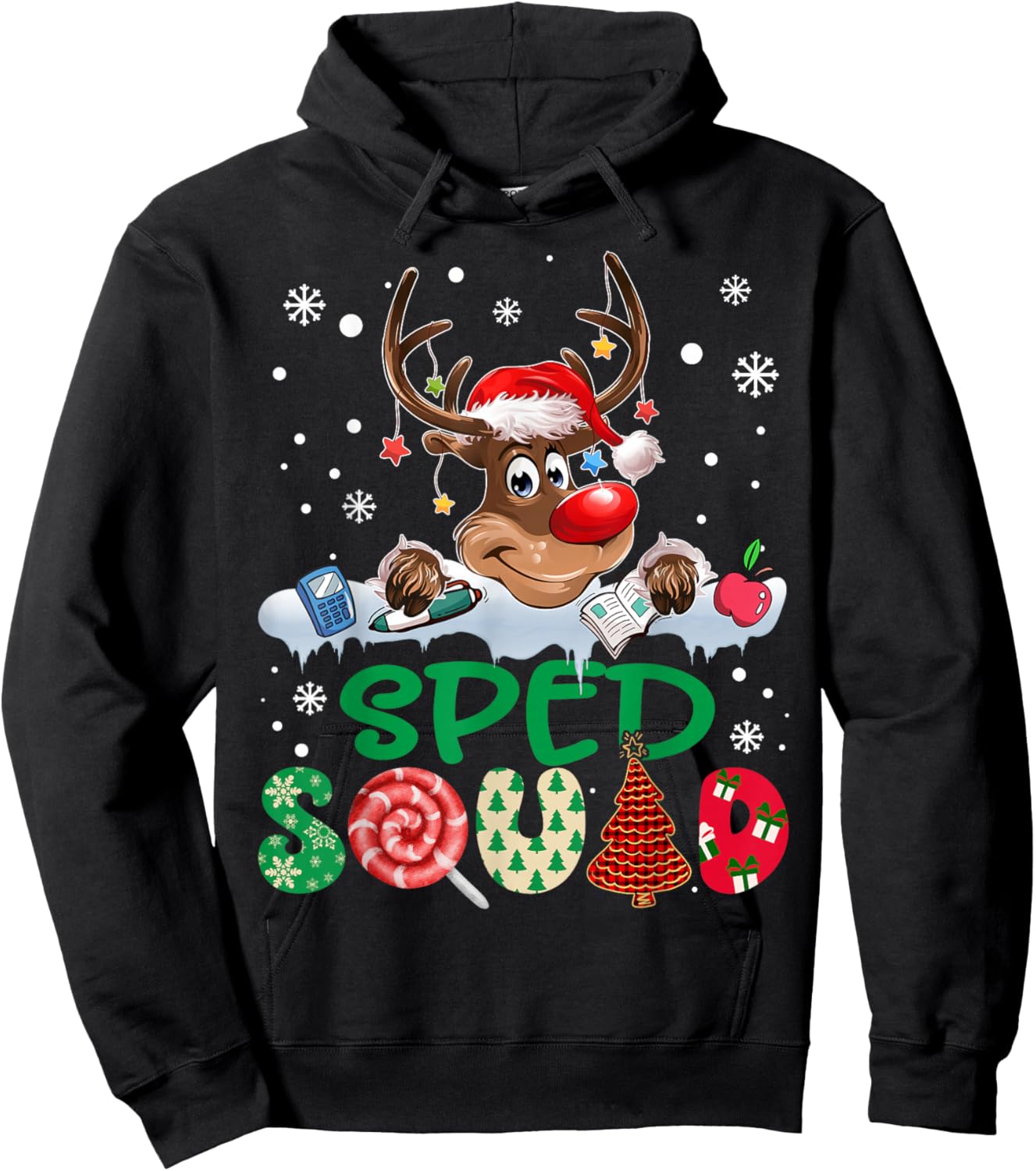 Reindeer Santa Hat SPED Squad Teacher Funny Christmas Kids Hoodie - Hoodie | Black