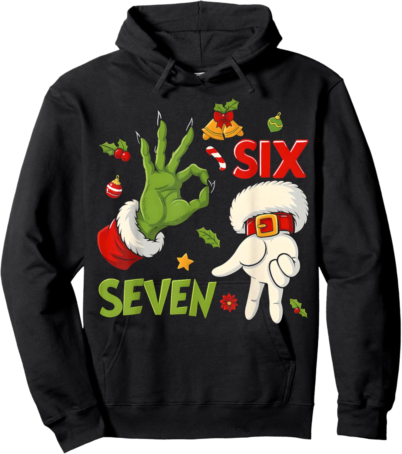 HUGvyn Funny Six Seven Meme Christmas Santa Saying 6 7 Xmas Hoodie - Hoodie | Black