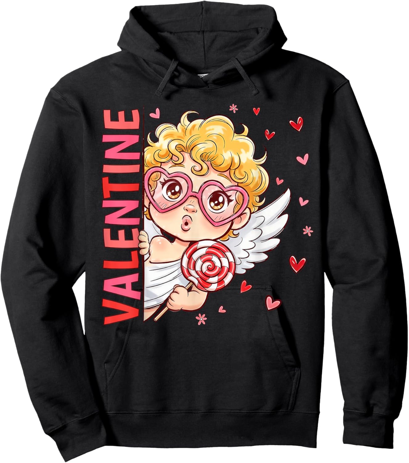 Retro Cupid Cute Heart Sunglasses Happy Valentine Men Women Hoodie - Hoodie | Black