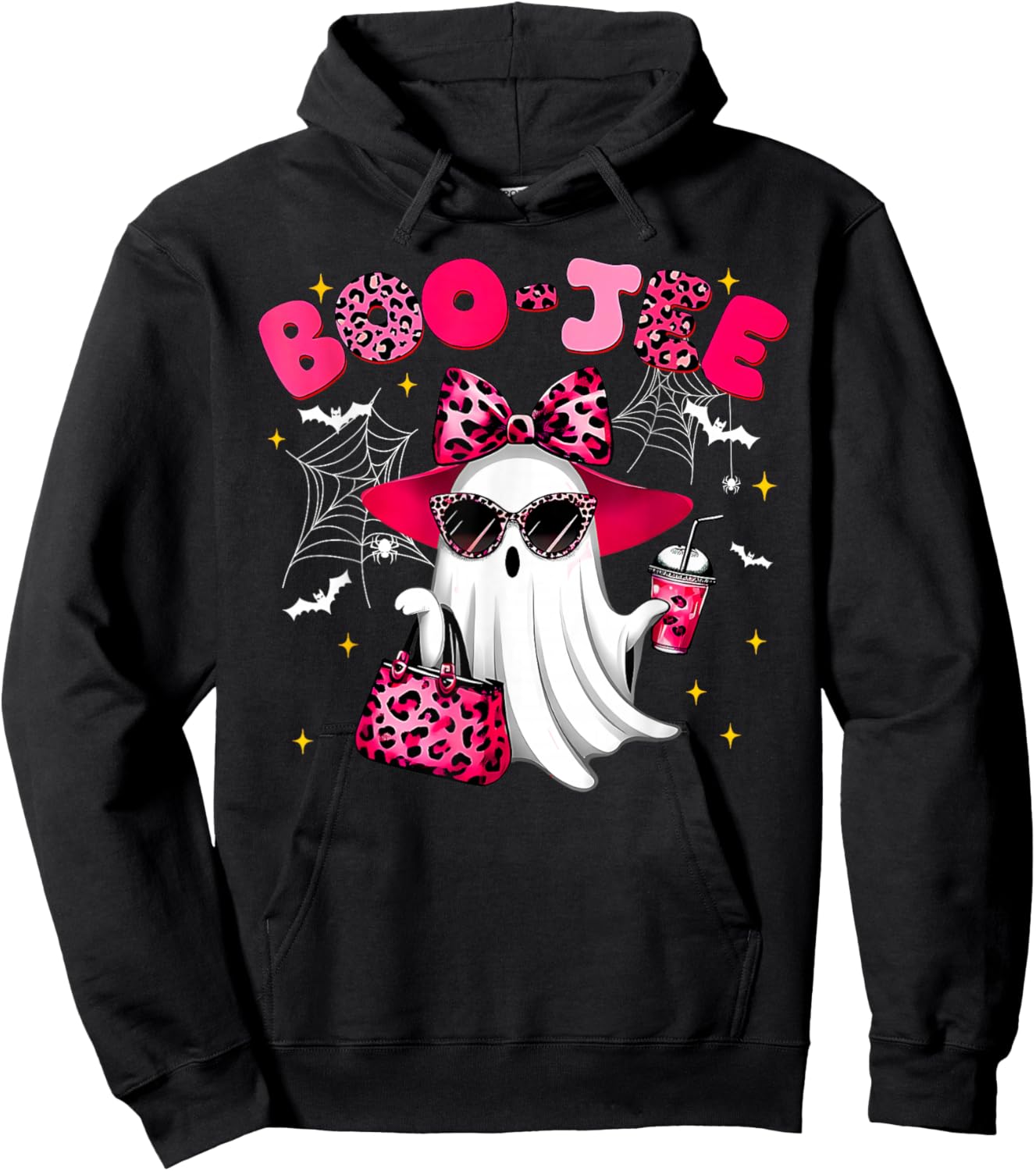 Cute Boo JEE Ghost Halloween Pink Leopard Bow Ghost Hoodie - Hoodie | Black