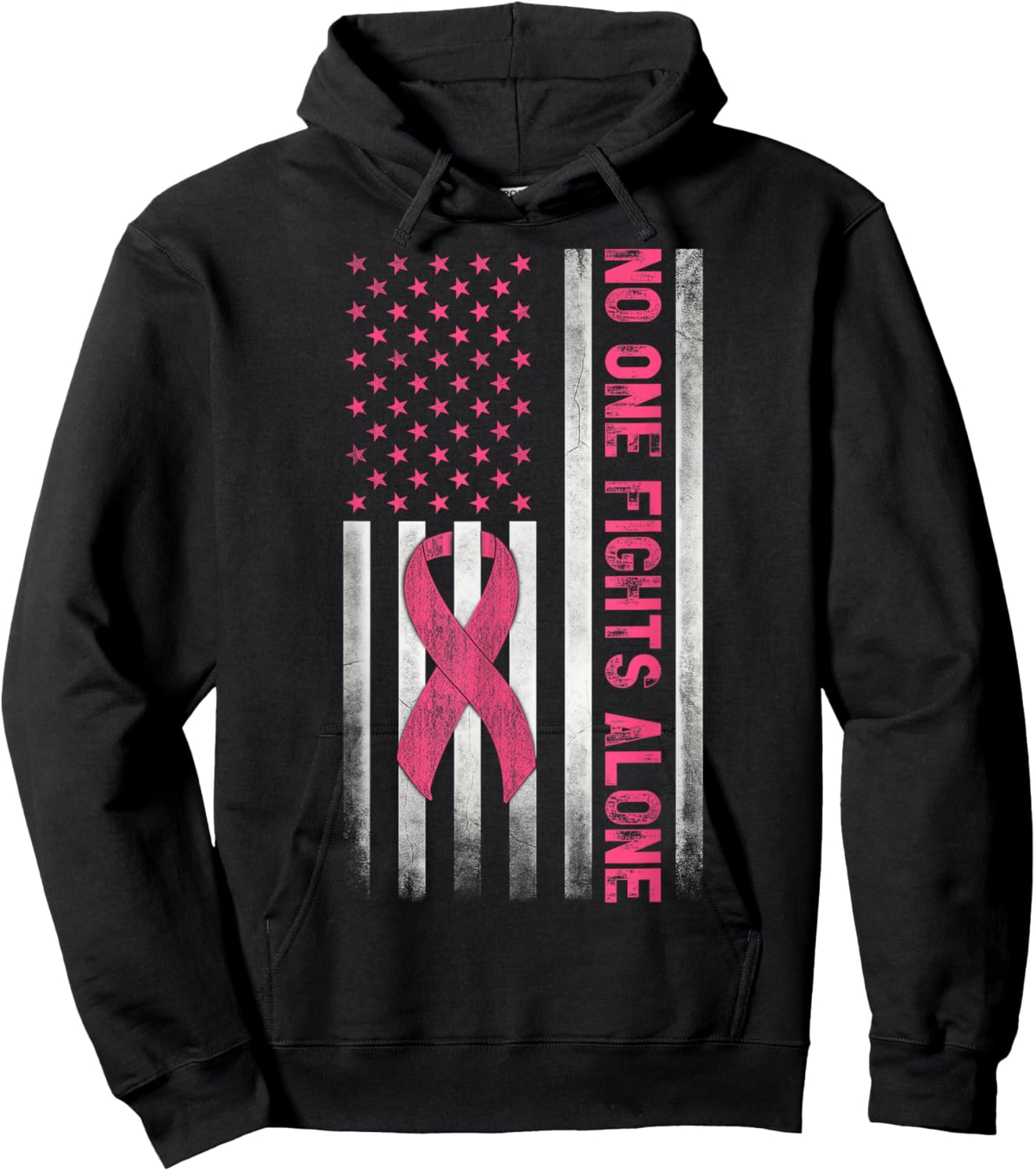 American Flag Pink Ribbon No One Fights Breast Cancer Alone Hoodie - Hoodie | Black
