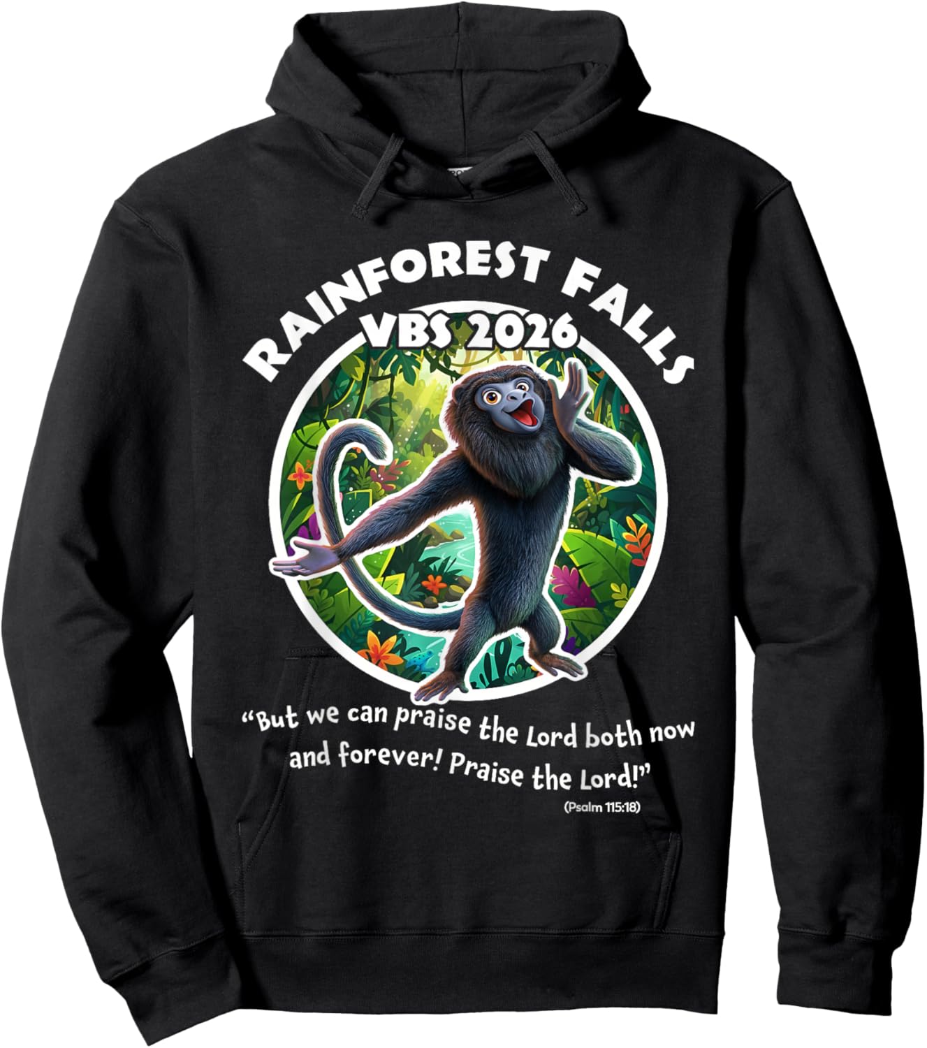 Rainforest Falls VBS 2026 Monkey Jesus Faith Bible Verse Hoodie - Hoodie | Black