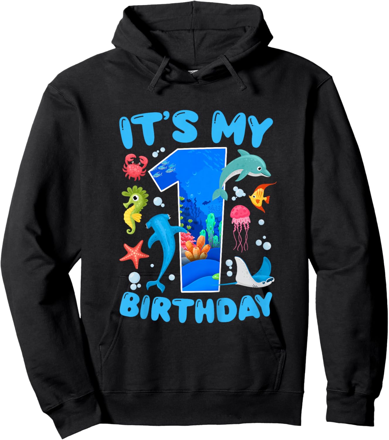 1st Ocean Birthday Party 1 Year Old Sea Animals Hoodie - Hoodie | Black