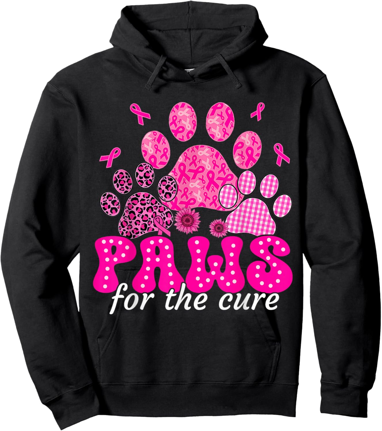 Paws for The Cure Dog Lover Pink Ribbon Breast Cancer Retro Hoodie - Hoodie | Black