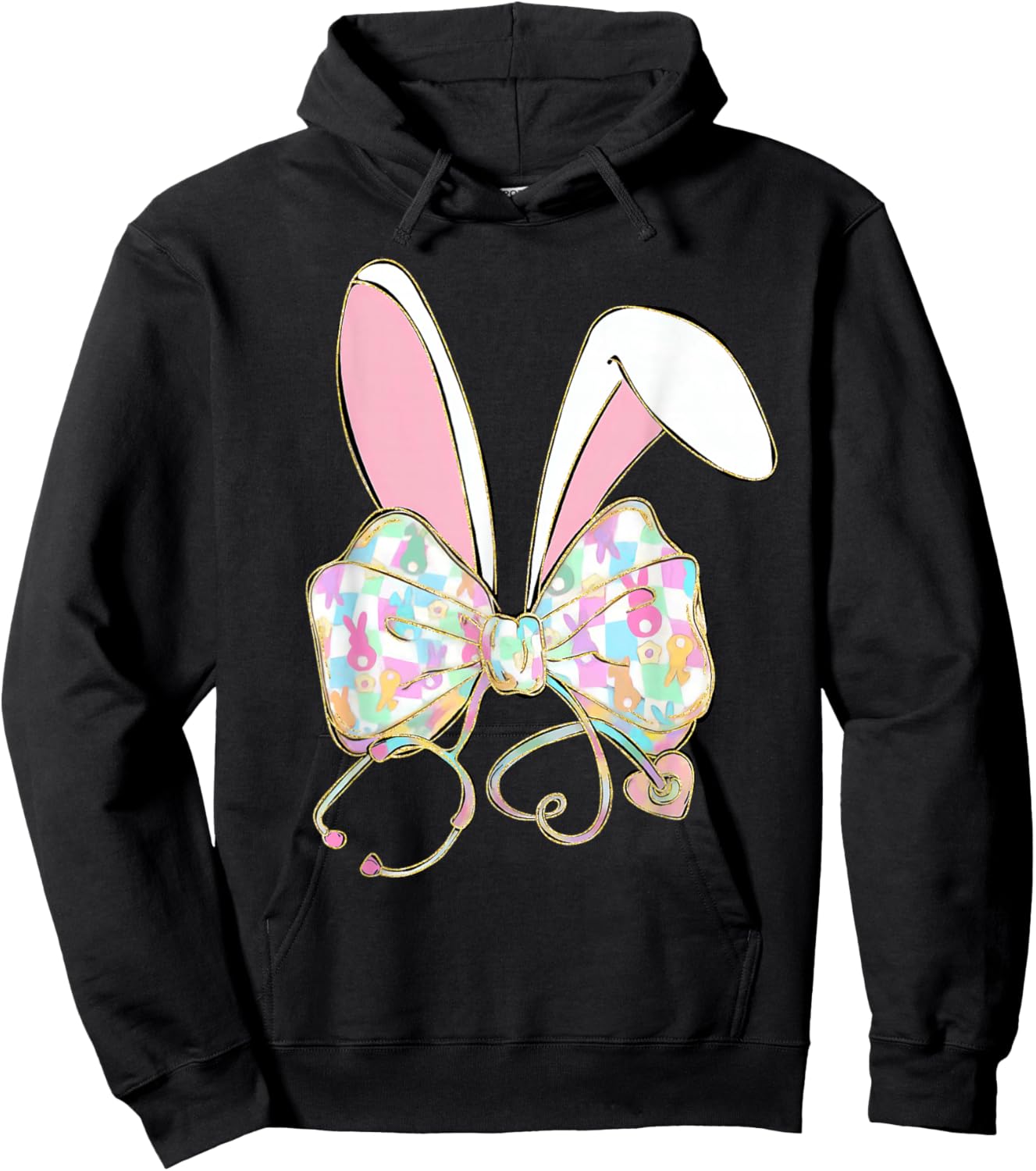 Nurse Stethoscope Coquette Bow Funny Bunny Eggs Happy Easter Hoodie - Hoodie | Black