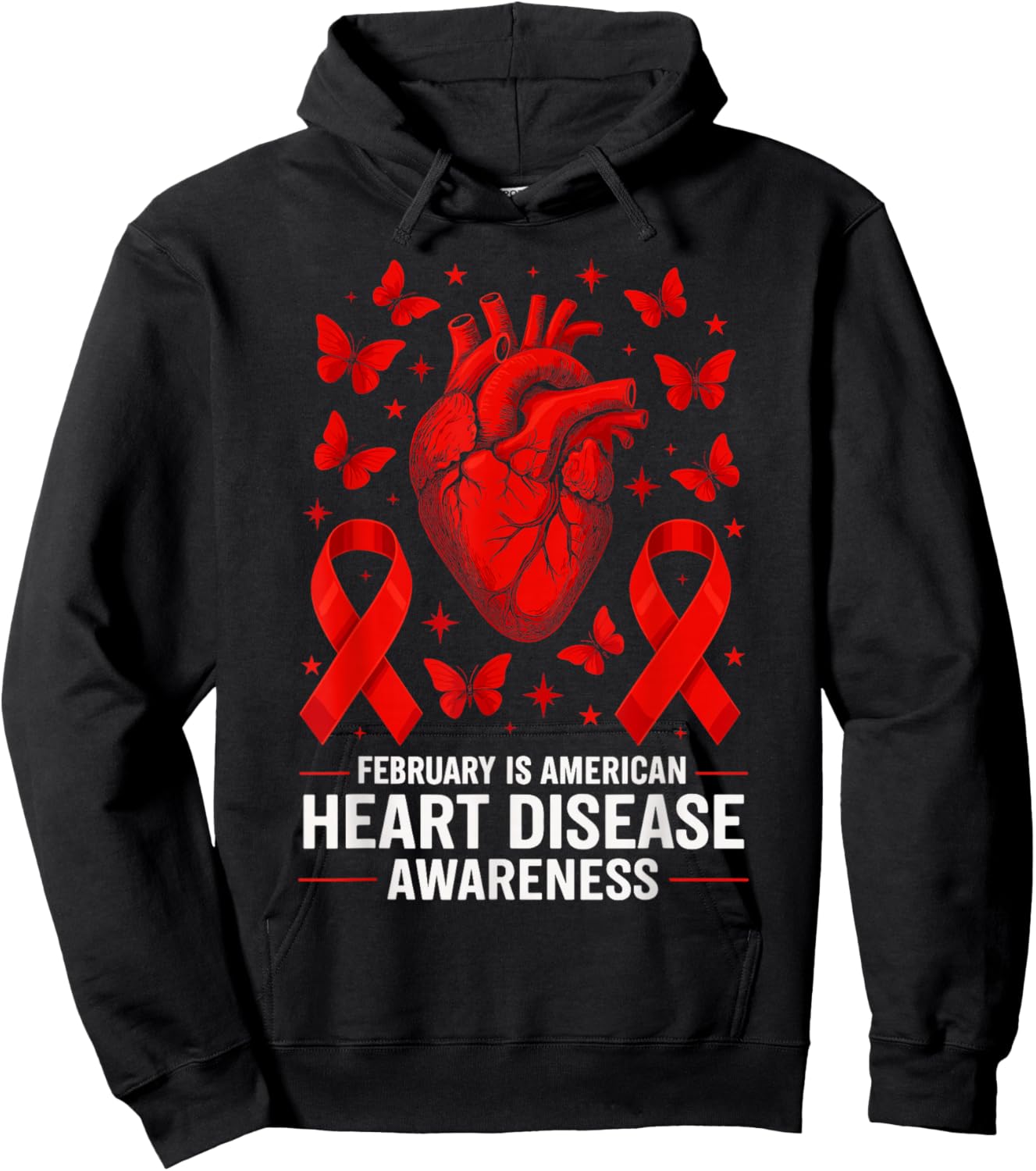 American Heart Disease Awareness Month Ribbon Red Heart Hoodie - Hoodie | Black