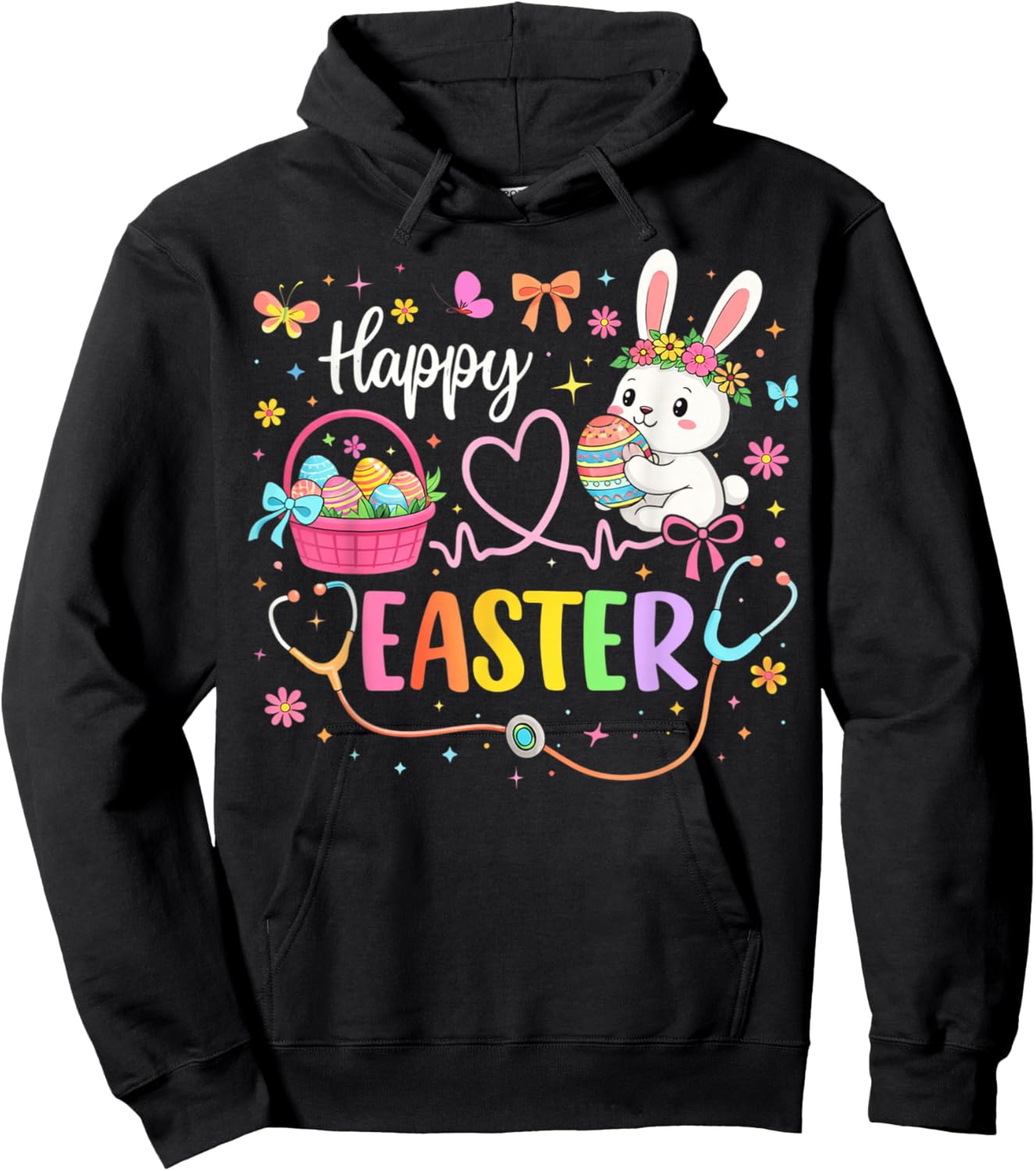 Happy Easter Day Nursing Bunny Ears Egg Nurse Stethoscope Hoodie - Hoodie | Black