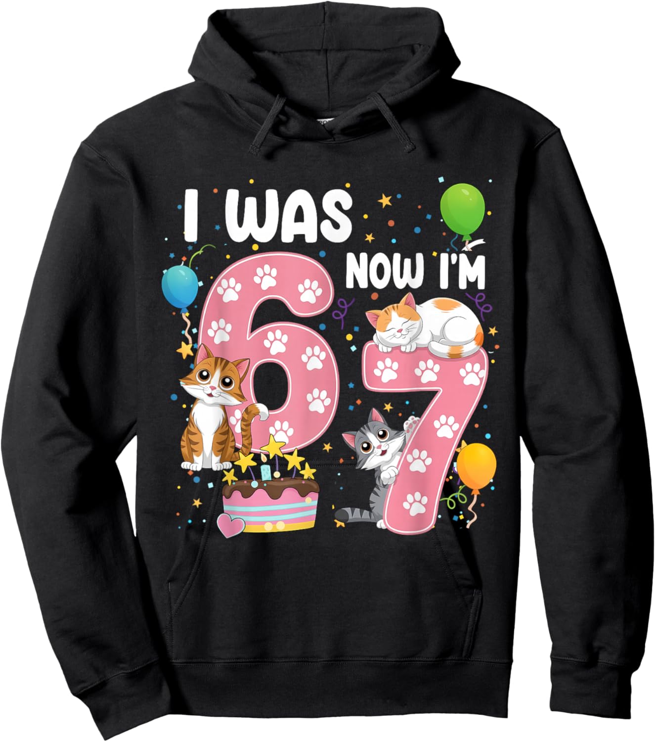 I was 6 Now I'm 7 Kids 7th Cat Birthday Girl Cute Cat Kitten Hoodie - Hoodie | Black