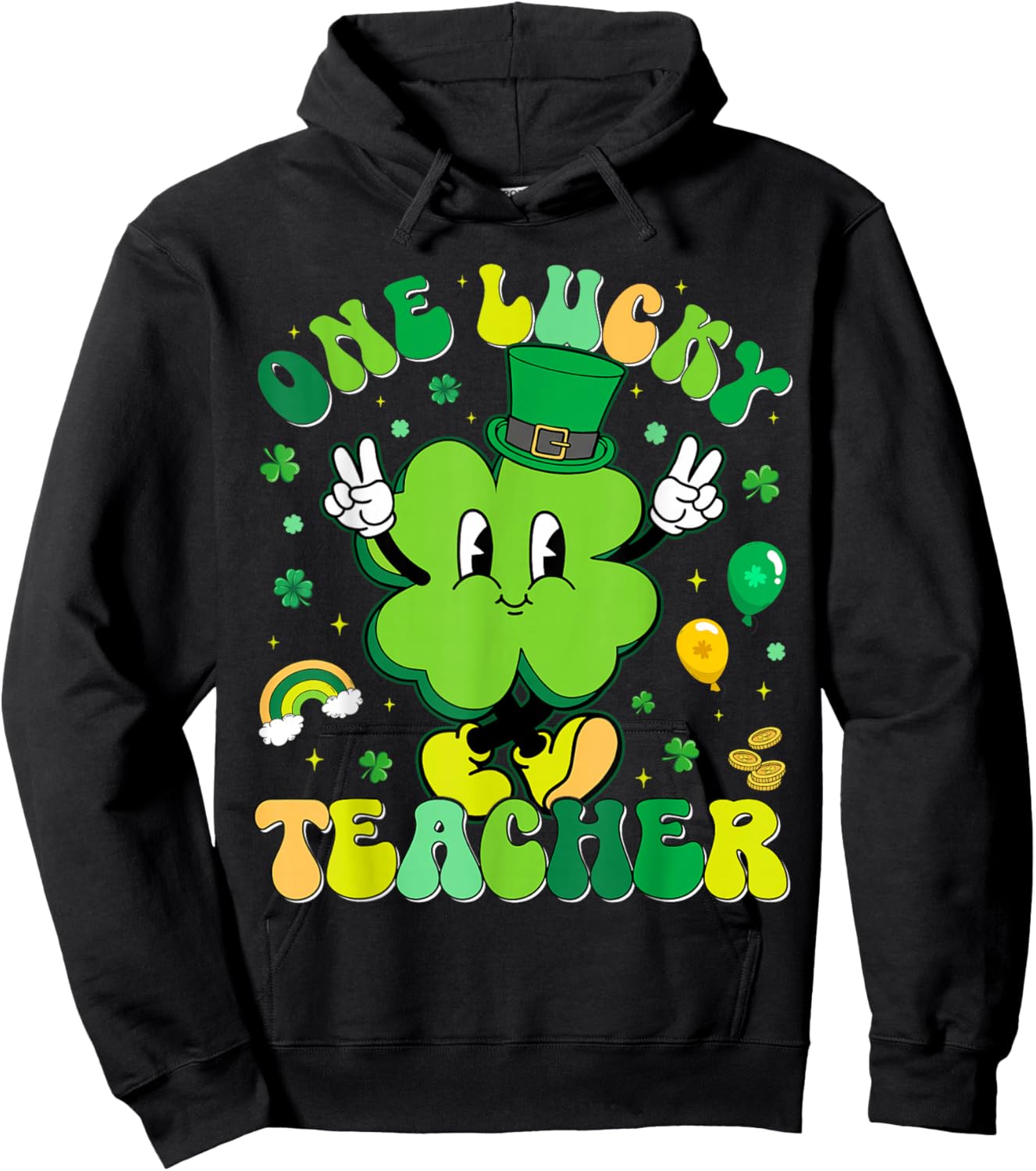 One Lucky Teacher Shamrock Retro Funny St Patricks Men Women Hoodie - Hoodie | Black