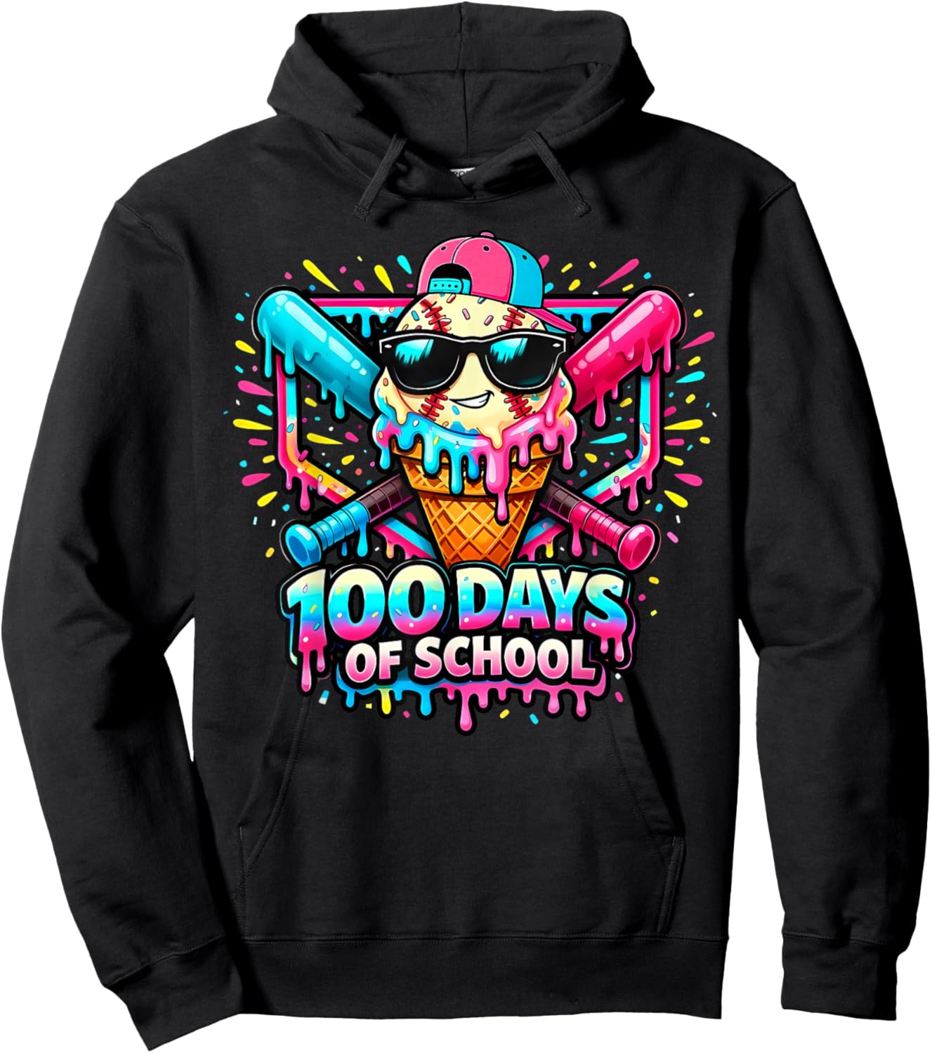 Baseball Ice Cream Drip 100 Days of School Boys Girls 100th Hoodie - Hoodie | Black