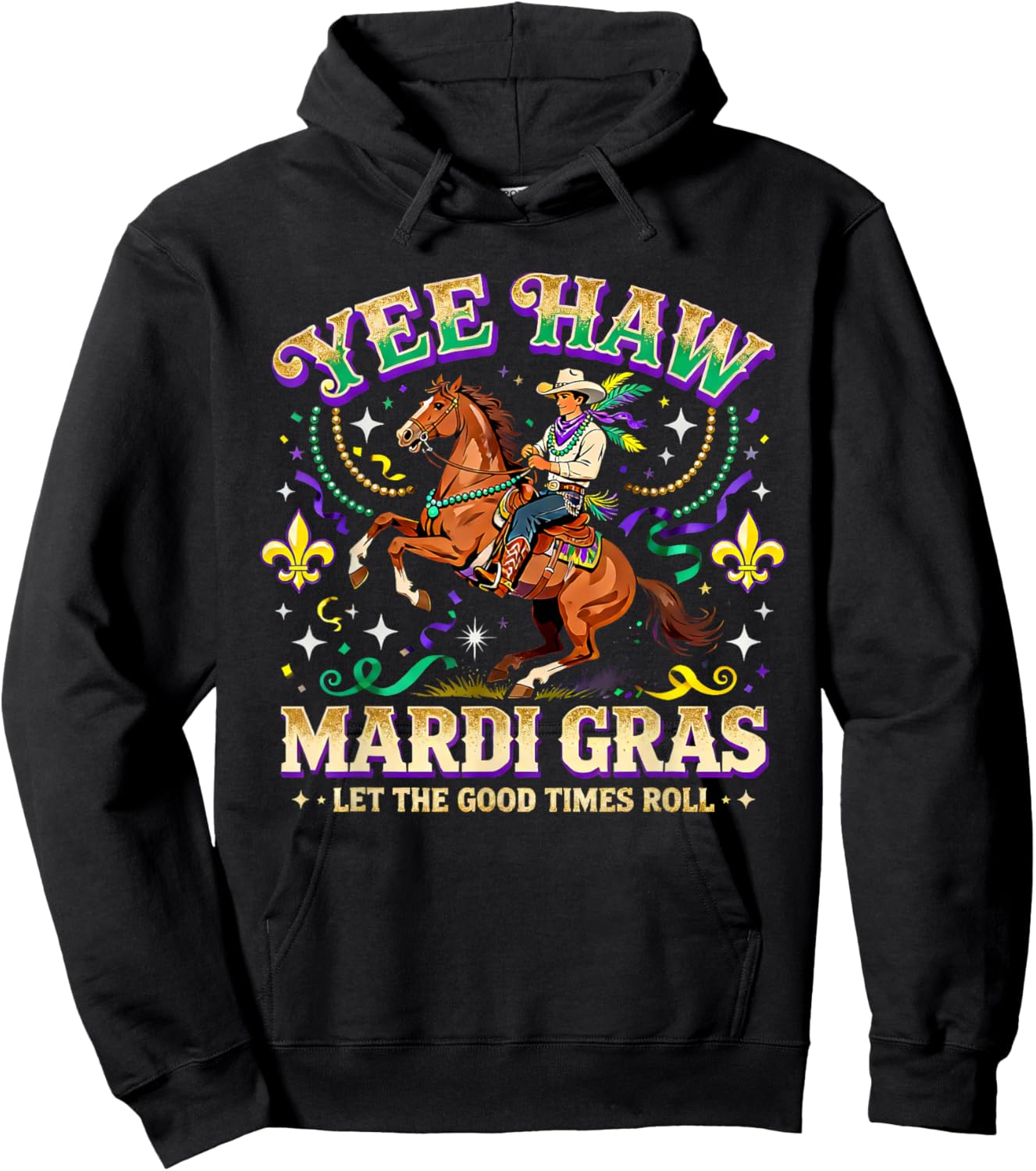 Yee Haw Mardi Gras Cowboy Horse Carnival Design Hoodie - Hoodie | Black