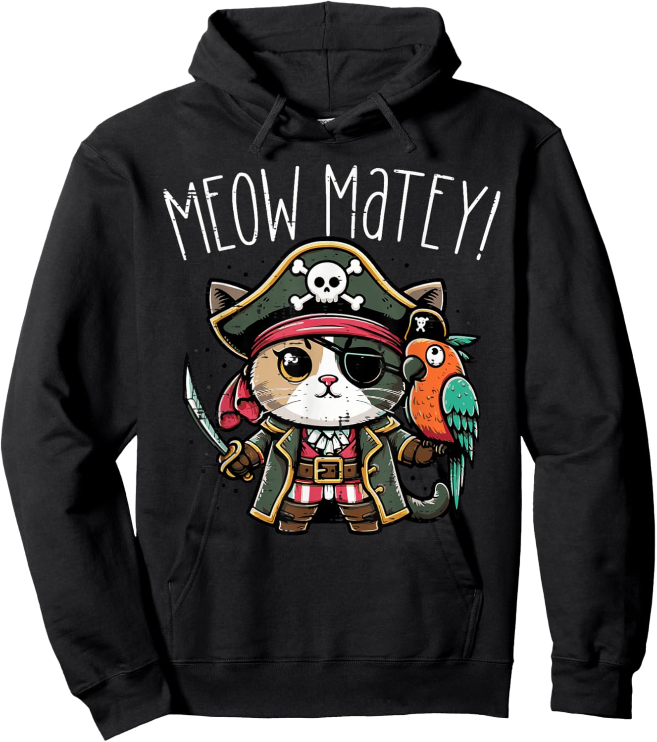 Pirate Cat Meow Matey Cute Kitten Kitty Girls Kids Women Hoodie - Hoodie | Black