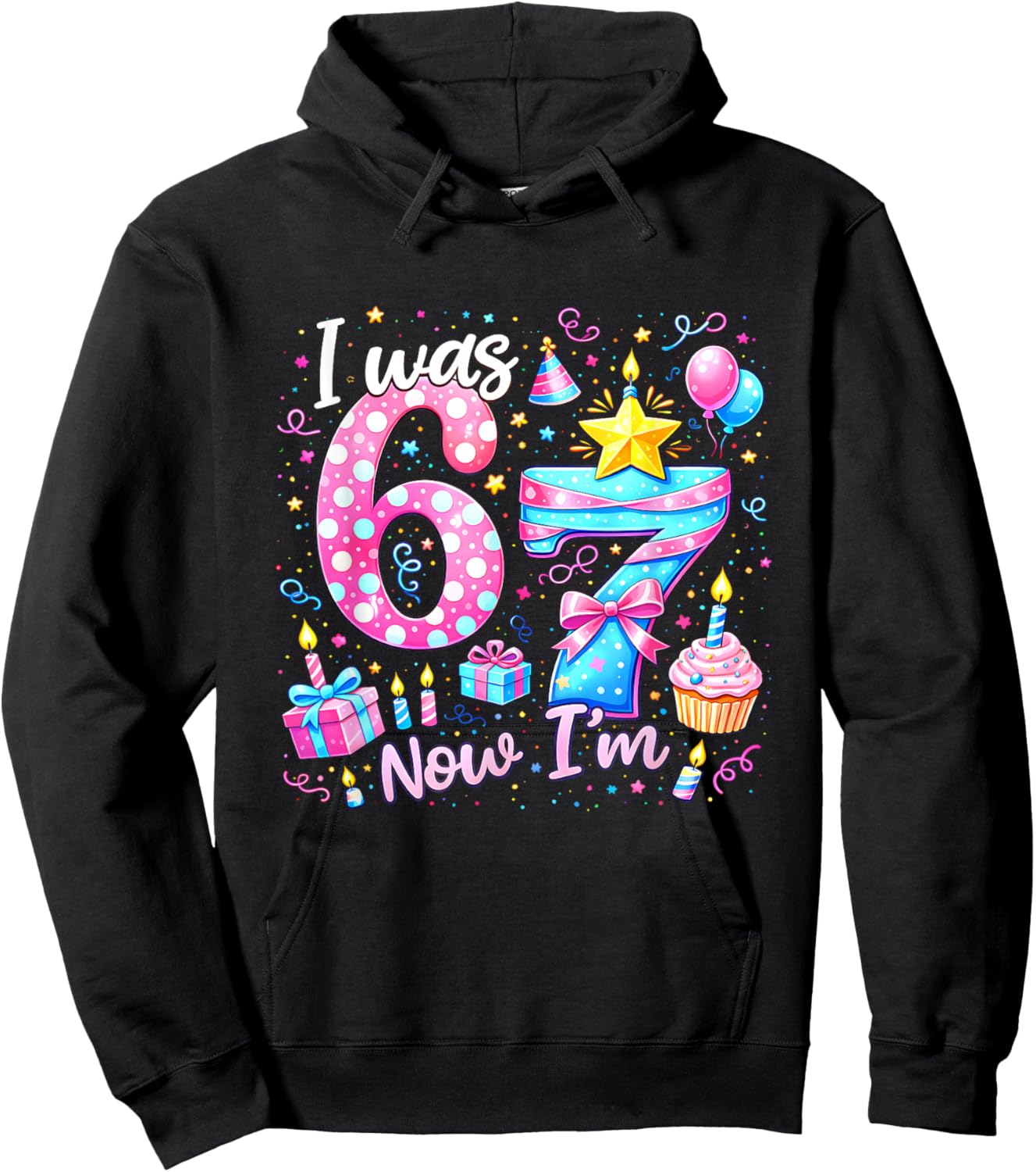 7th Birthday Girl Kids Shirt I was 6 Now I'm 7 Year Old Hoodie - Hoodie | Black