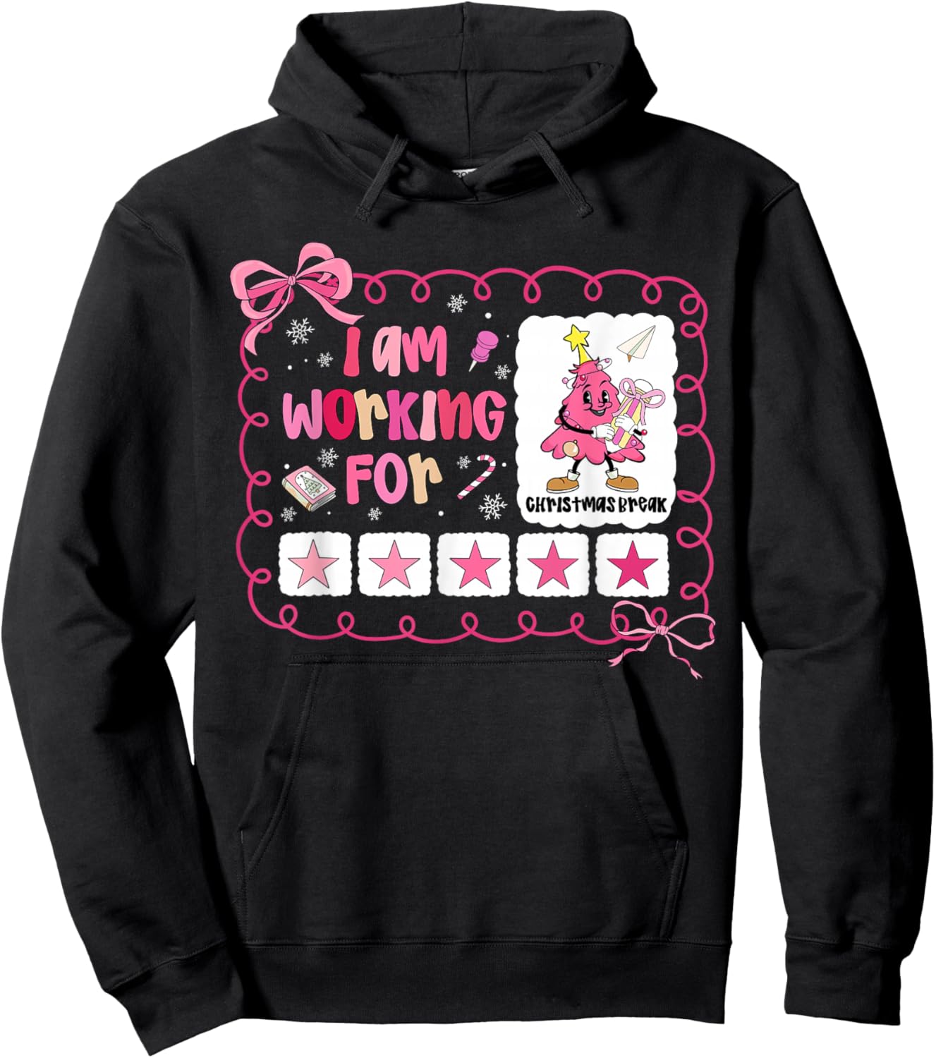 I Am Working for Christmas Break Teacher Xmas Tree Coquette Hoodie - Hoodie | Black