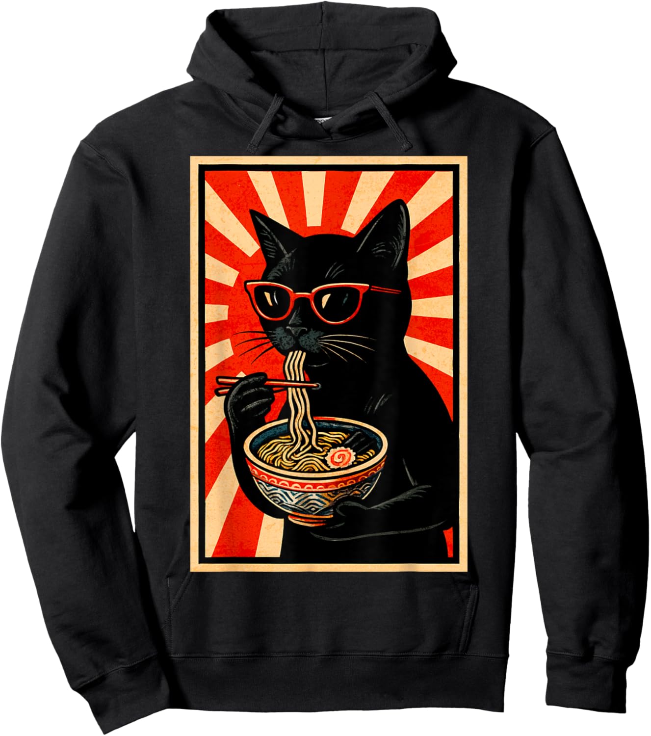 Ramen Cat Japanese Rising Sun Retro Poster Design Hoodie - Hoodie | Black