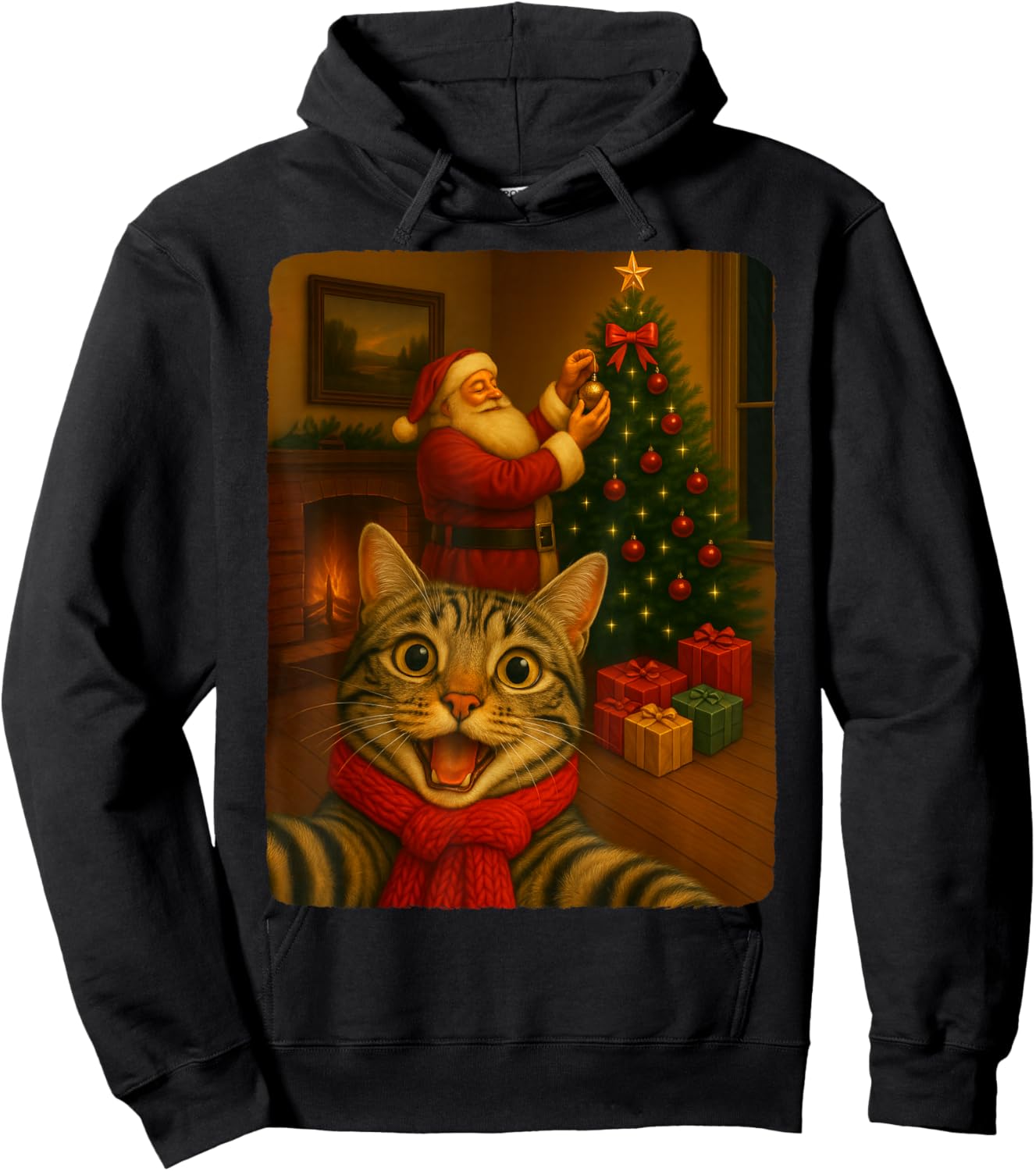 Funny Cute Cat Selfie with Santa Christmas Xmas Women Girl Hoodie - Hoodie | Black