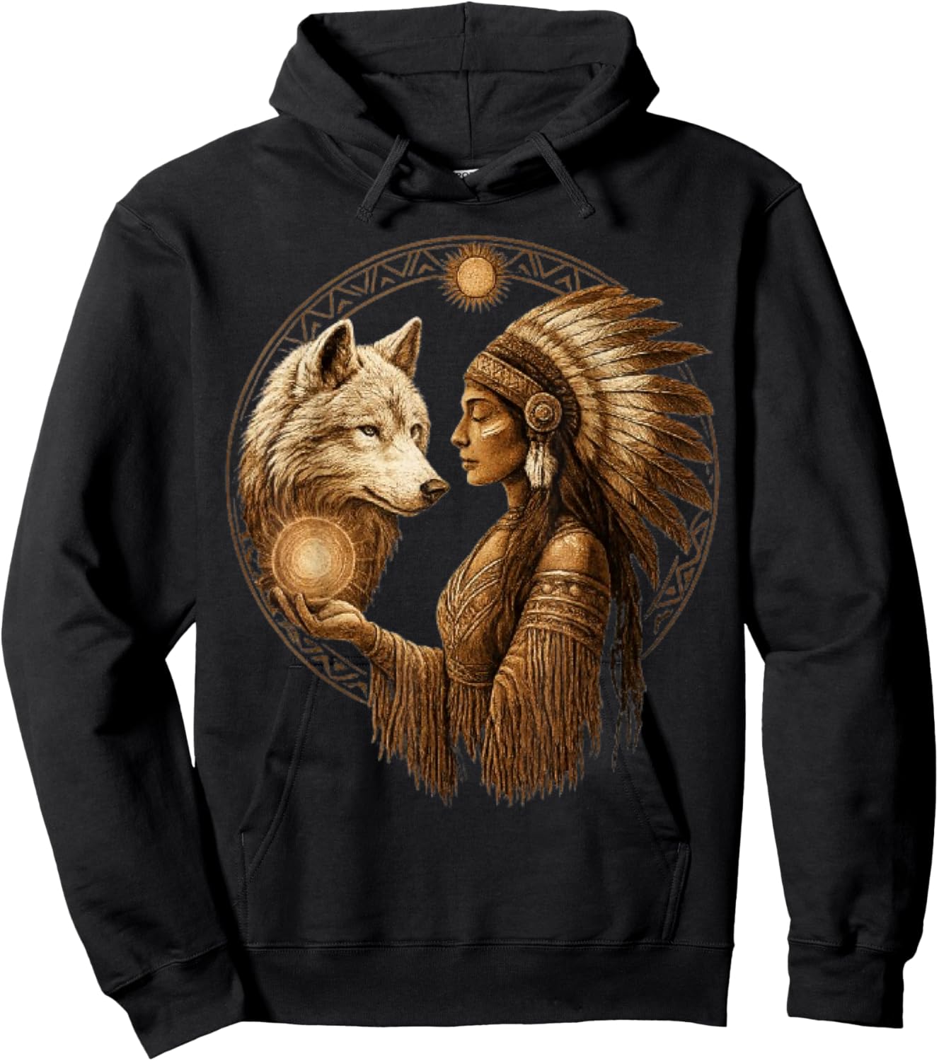 Indian Native American Woman with White Wolf Vintage Gifts Hoodie - Hoodie | Black