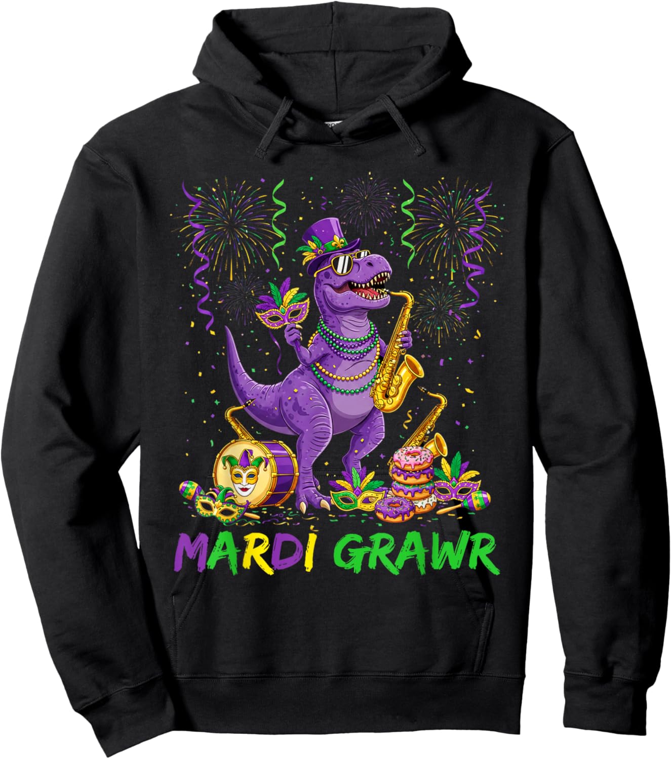 Mardi Grawr T Rex Dinosaur Funny Mardi Gras Men Boy Kid Hoodie - Hoodie | Black