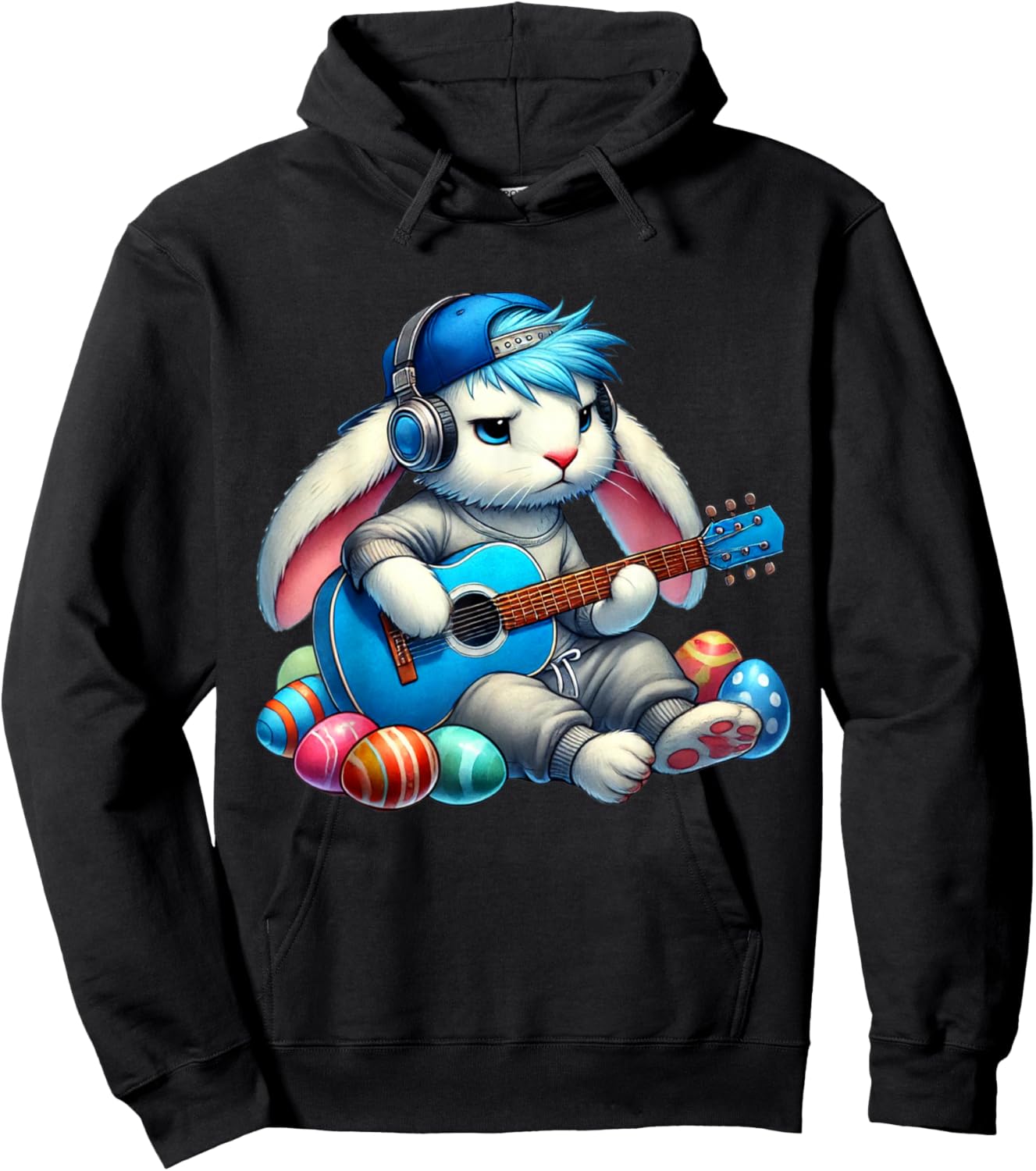 Bunny Playing Acoustic Guitar Easter Rabbit Women Men Kids Hoodie - Hoodie | Black