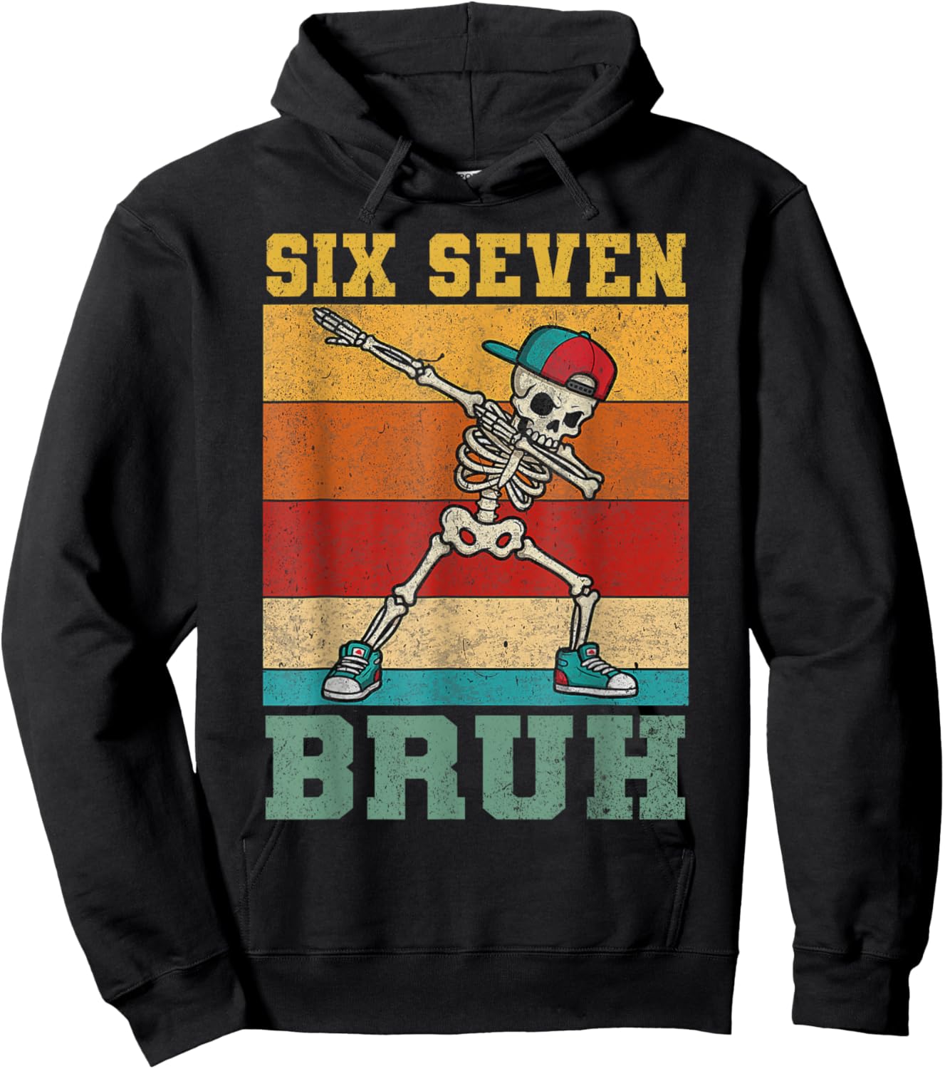 Six Seven 6 7 Bruh Skeleton Dabbing Boys Kids Vintage Meme Hoodie - Hoodie | Black