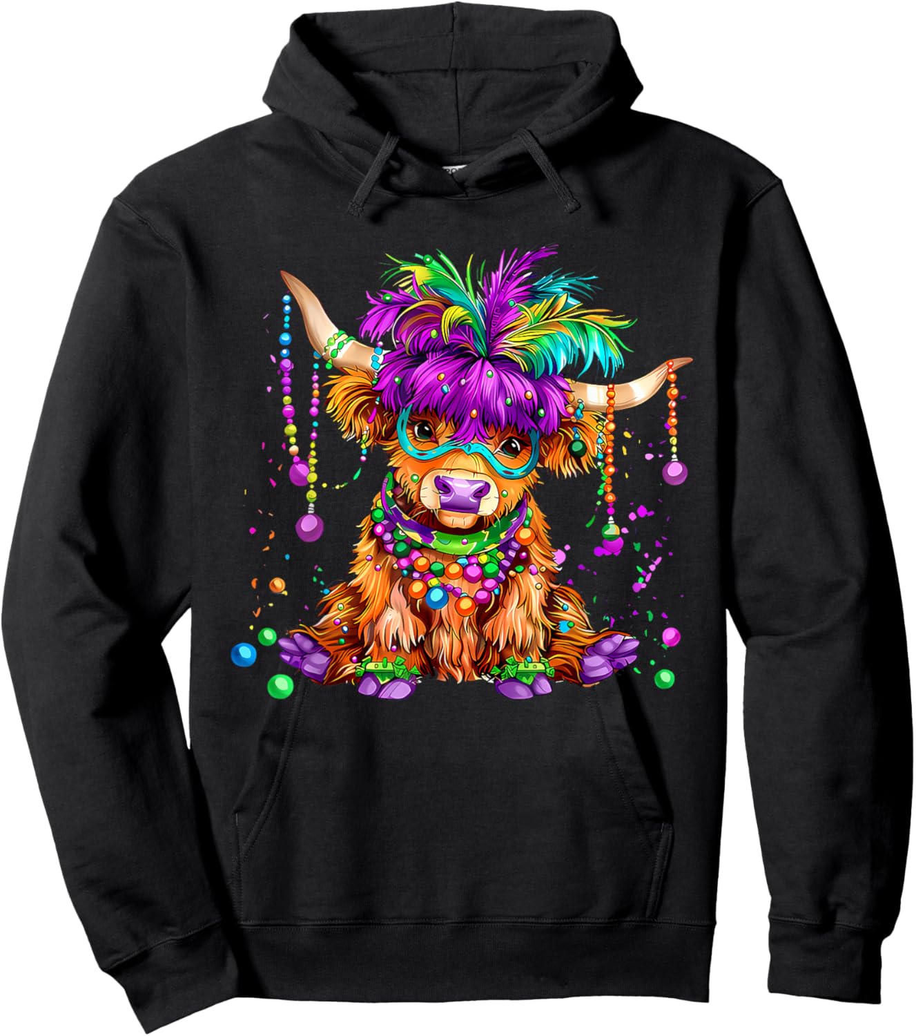 Cute Mardi Gras Highland Cow Moody Gras Women Girl Kid Hoodie - Hoodie | Black