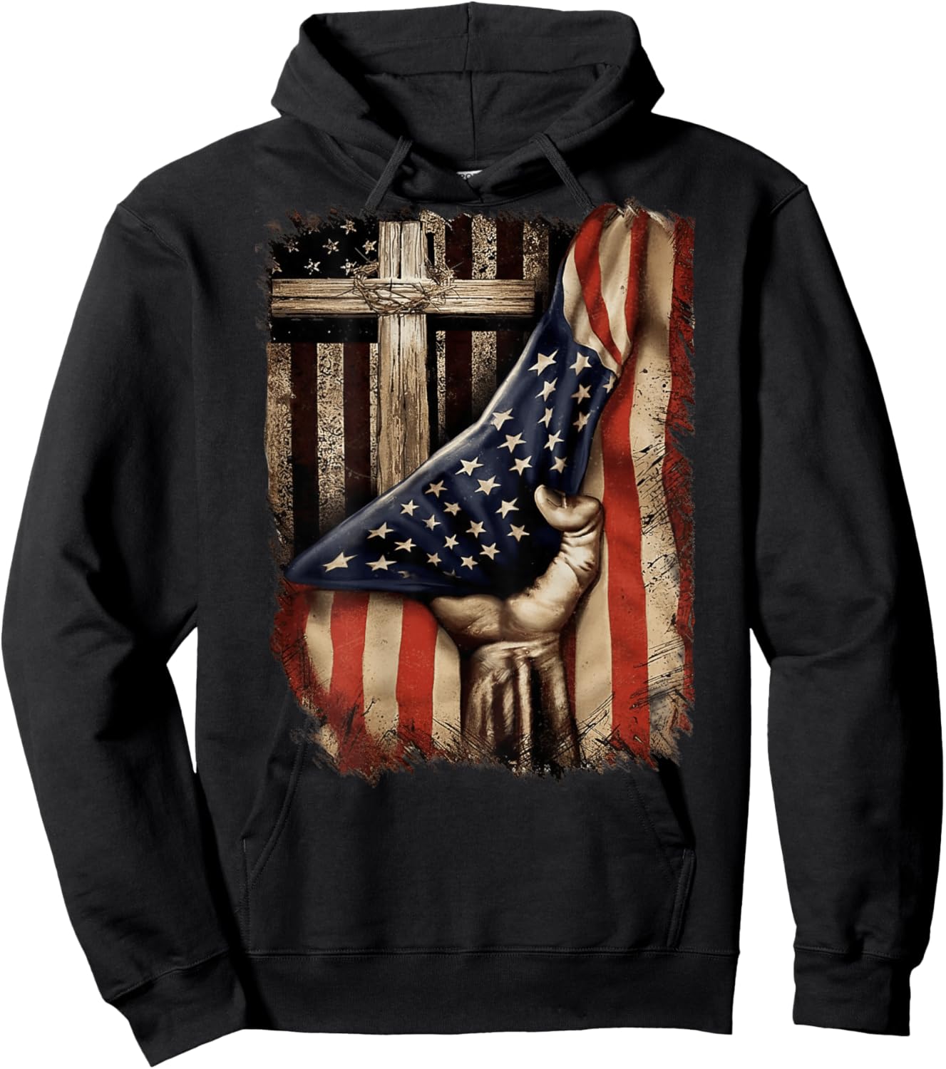 American USA Flag Christian Cross Patriotic (On Back) Hoodie - Hoodie | Black