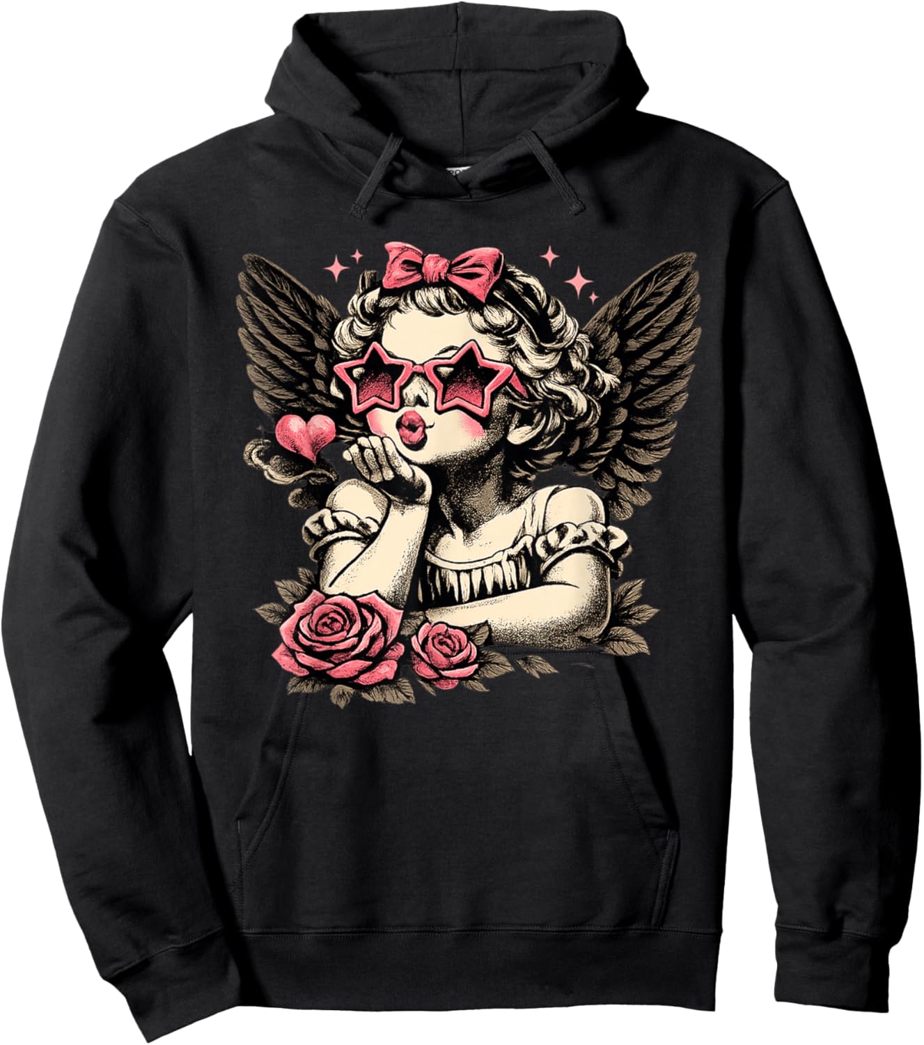 Retro Valentine Day Cute Vintage Cupid Blowing Kiss Star Hoodie - Hoodie | Black