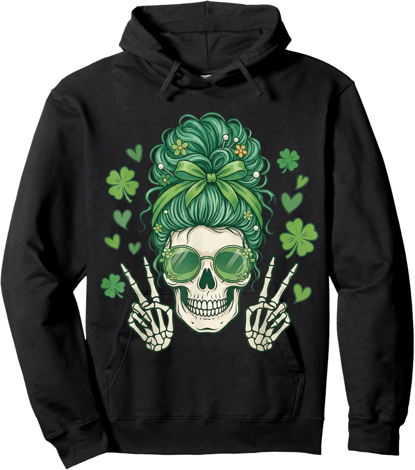 Messy Bun Skull St Patricks Day Women Girl St Paddys Pattys Hoodie - Hoodie | Black