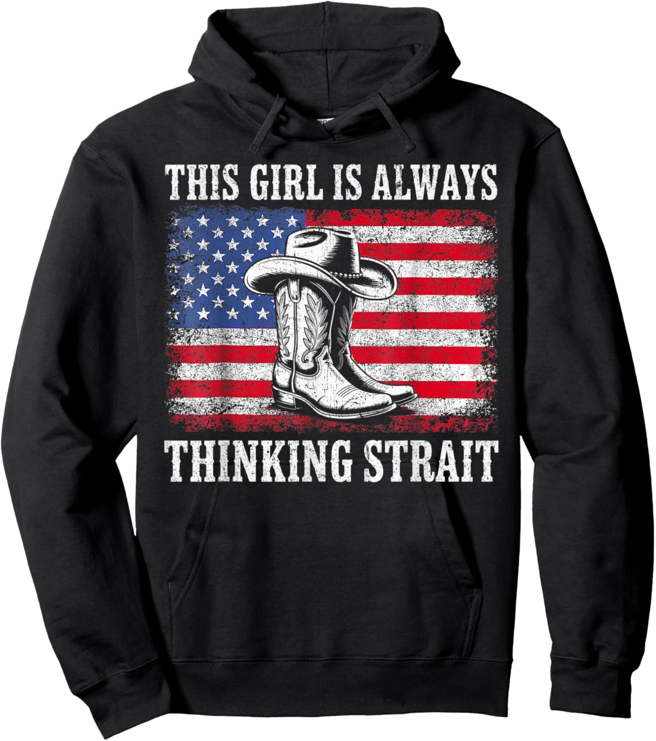 This Girl is Always Thinking Strait US Flag Cowgirl Western Hoodie - Hoodie | Black
