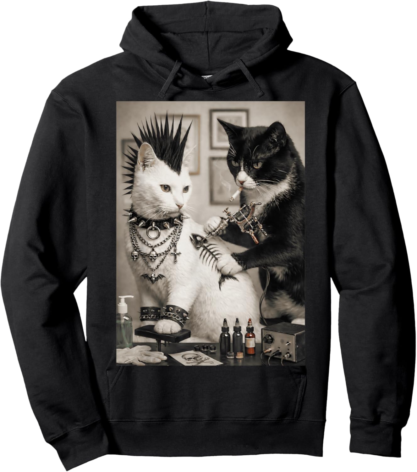 Funny Punk Cat Tattoo Artist Goth Subculture Meme Humor Hoodie - Hoodie | Black