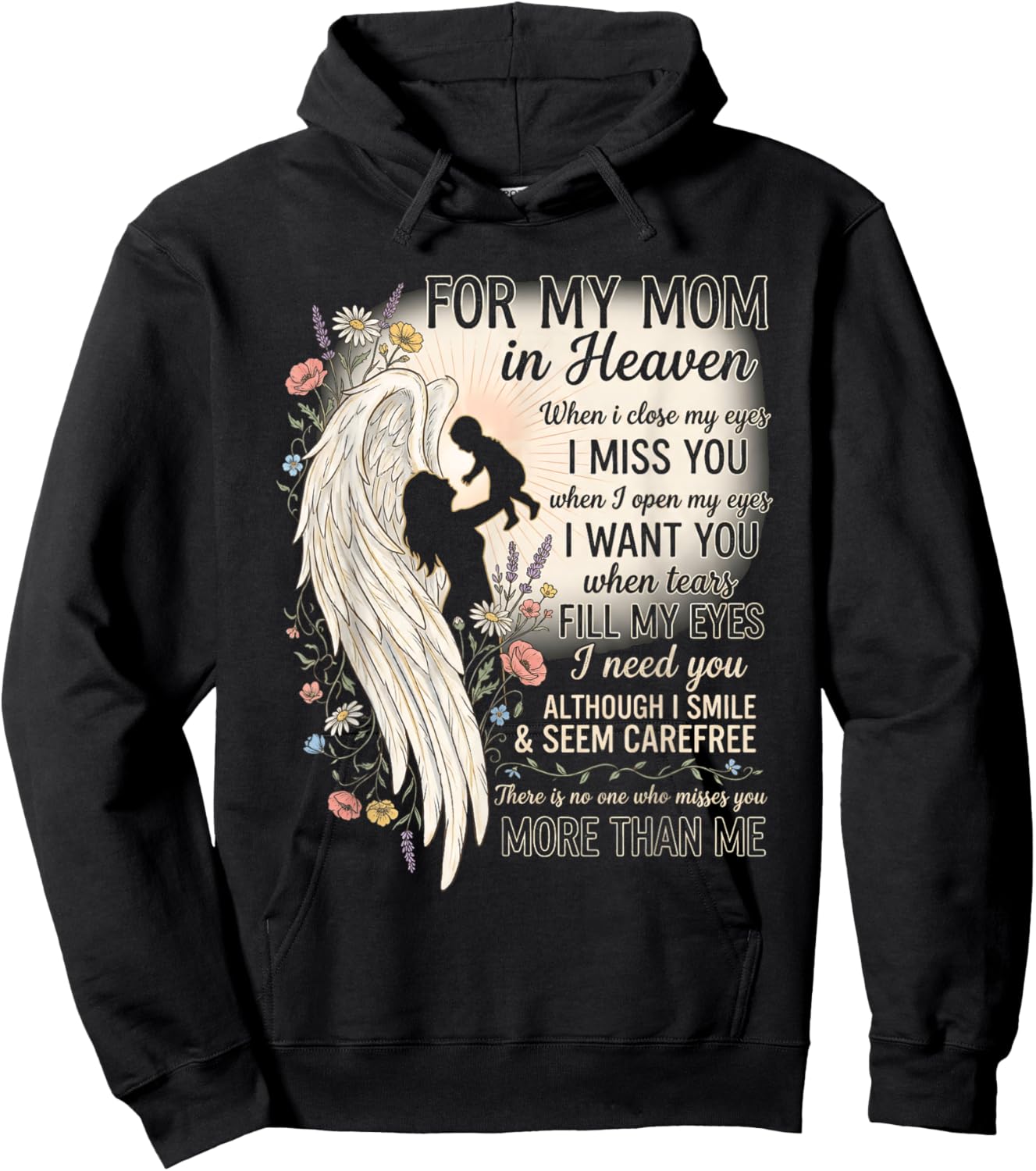 Mom in Heaven Missing You Angel Wings Remembrance Hoodie - Hoodie | Black