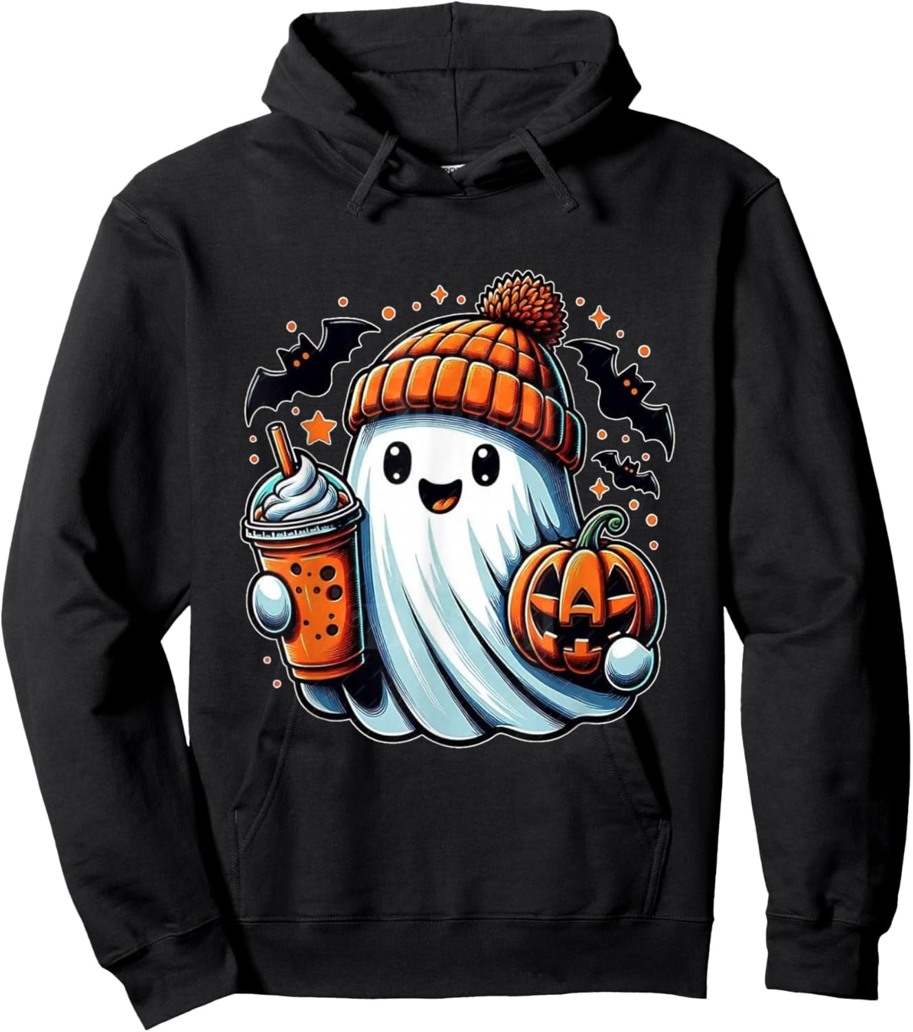 Cute Ghost Drinking Ice Coffee Halloween Pumpkin Hoodie - Hoodie | Black