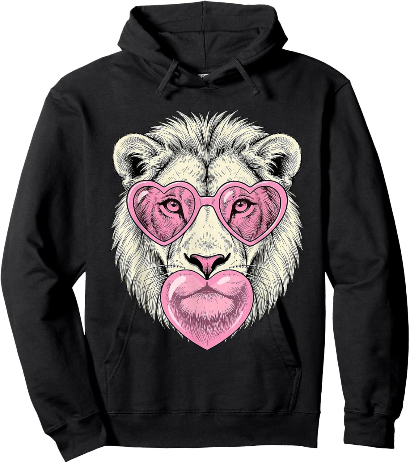 Cute Lion Blowing Pink Valentine Heart Bubble Gum Hoodie - Hoodie | Black