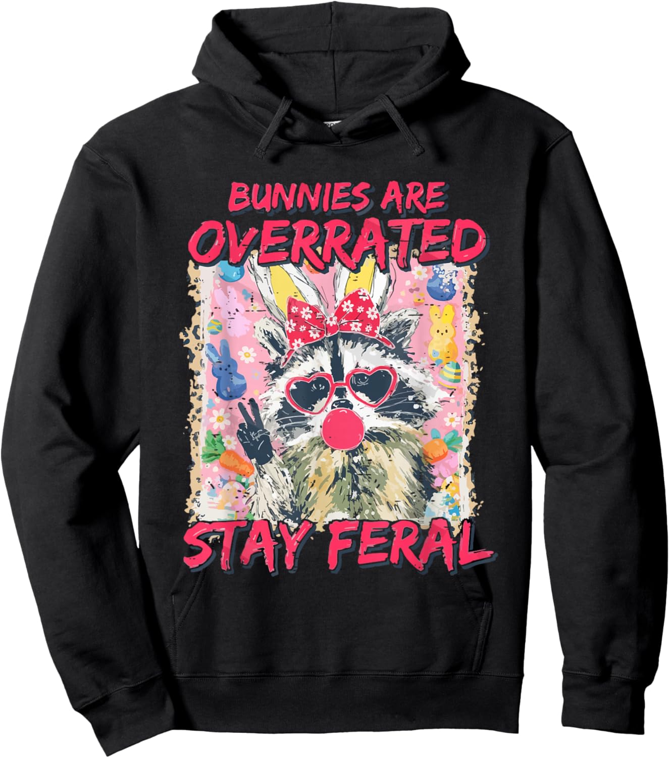 Retro Bunnies are Overrated Stay Feral Raccoon Bunny Easter Hoodie - Hoodie | Black