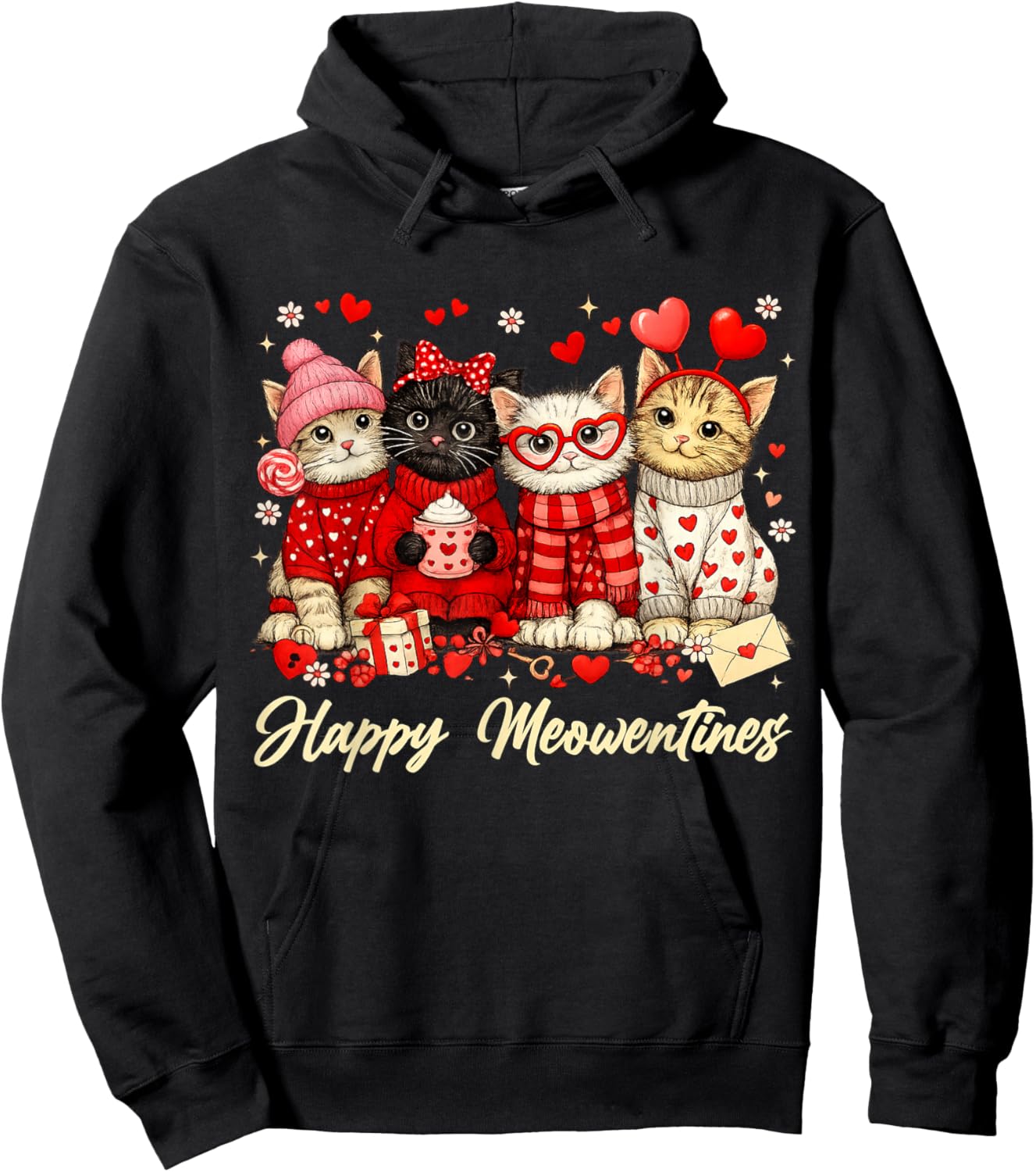 Funny Valentines Day Cats Happy Meowentines Kitten Hearts Hoodie - Hoodie | Black