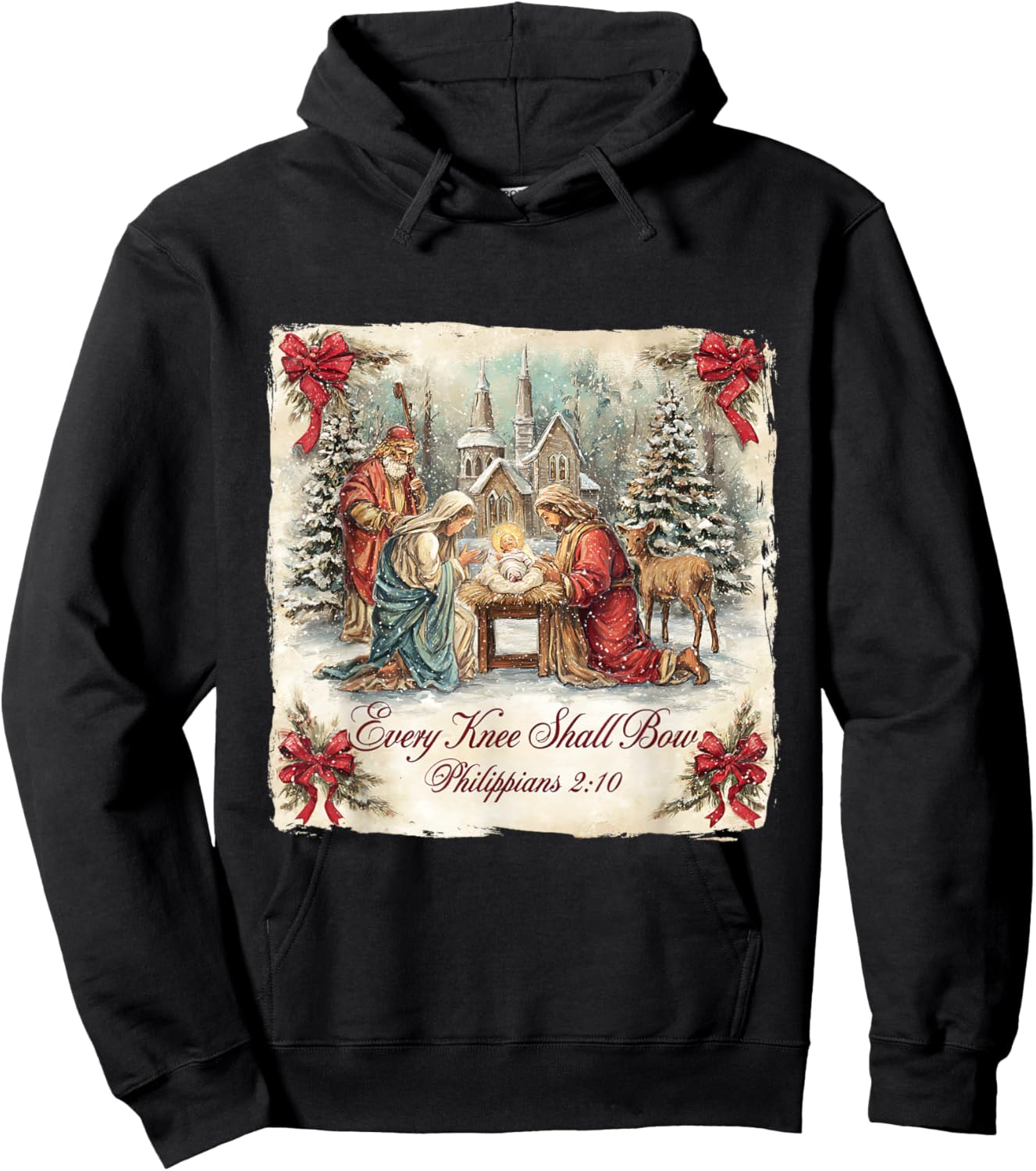 Bow Santa Christmas Nativity Scene Every Knee Shall Xmas Hoodie - Hoodie | Black