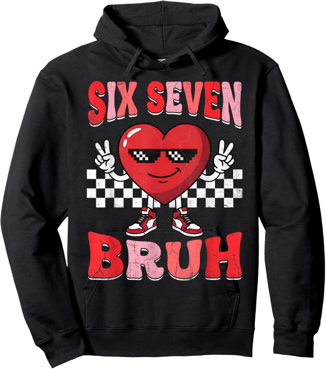 Bruh Six Seven 67 Meme Checkered Valentine’s Day Teens Boys Hoodie - Hoodie | Black