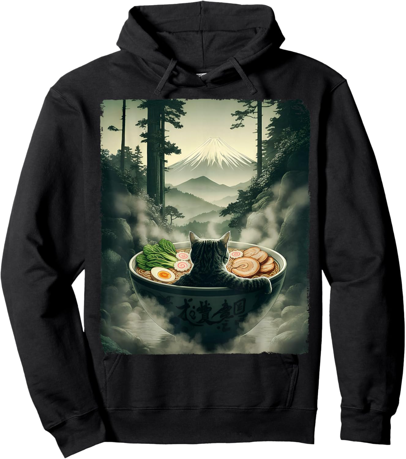 Cat Ramen Mount Fuji Zen Aesthetic Funny Japanese Graphic Hoodie - Hoodie | Black