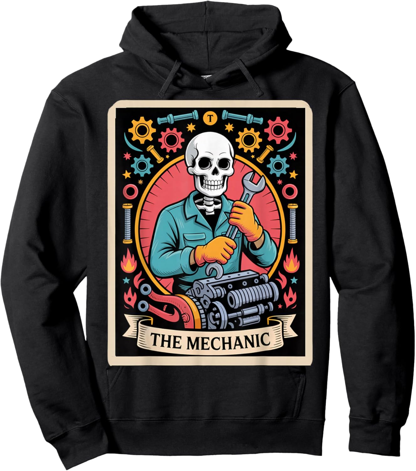 Skeleton Mechanic Tarot Card– Funny Auto Repair Hoodie - Hoodie | Black