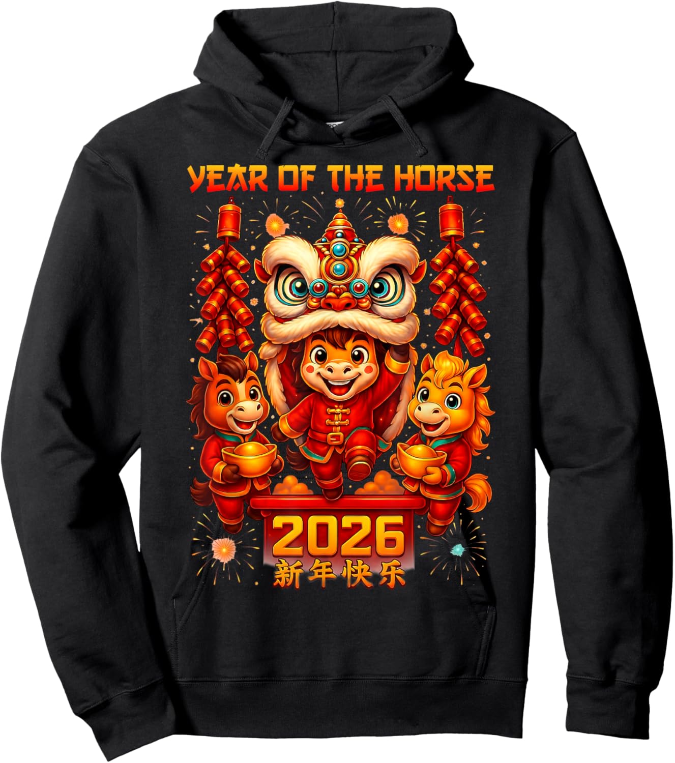Chinese New Year 2026 Outfits Boys Girls Year of The Horse Hoodie - Hoodie | Black