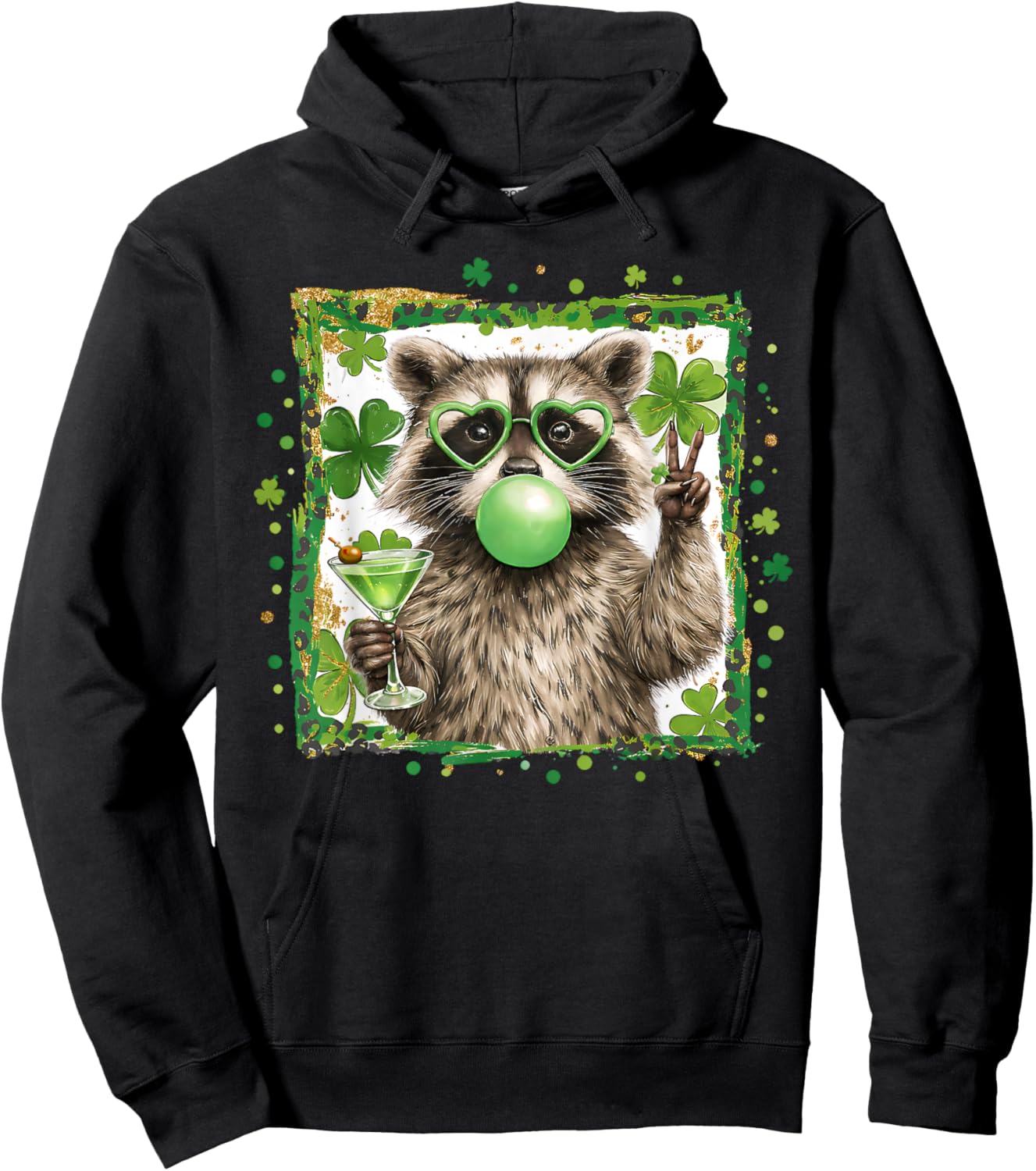 Vintage Funny St Patricks Day Raccoon Lover Martini Shamrock Hoodie - Hoodie | Black