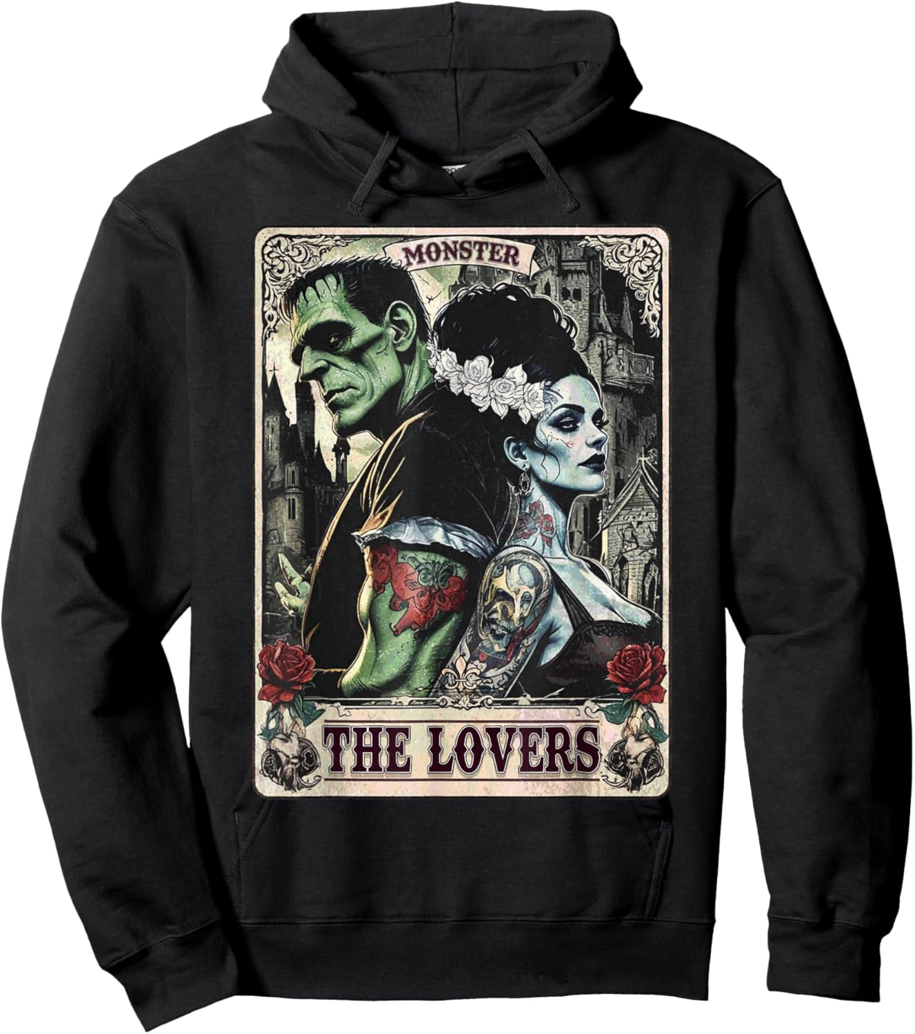 The Monster Frankenstein and Bride The Lovers Tarot Card Hoodie - Hoodie | Black