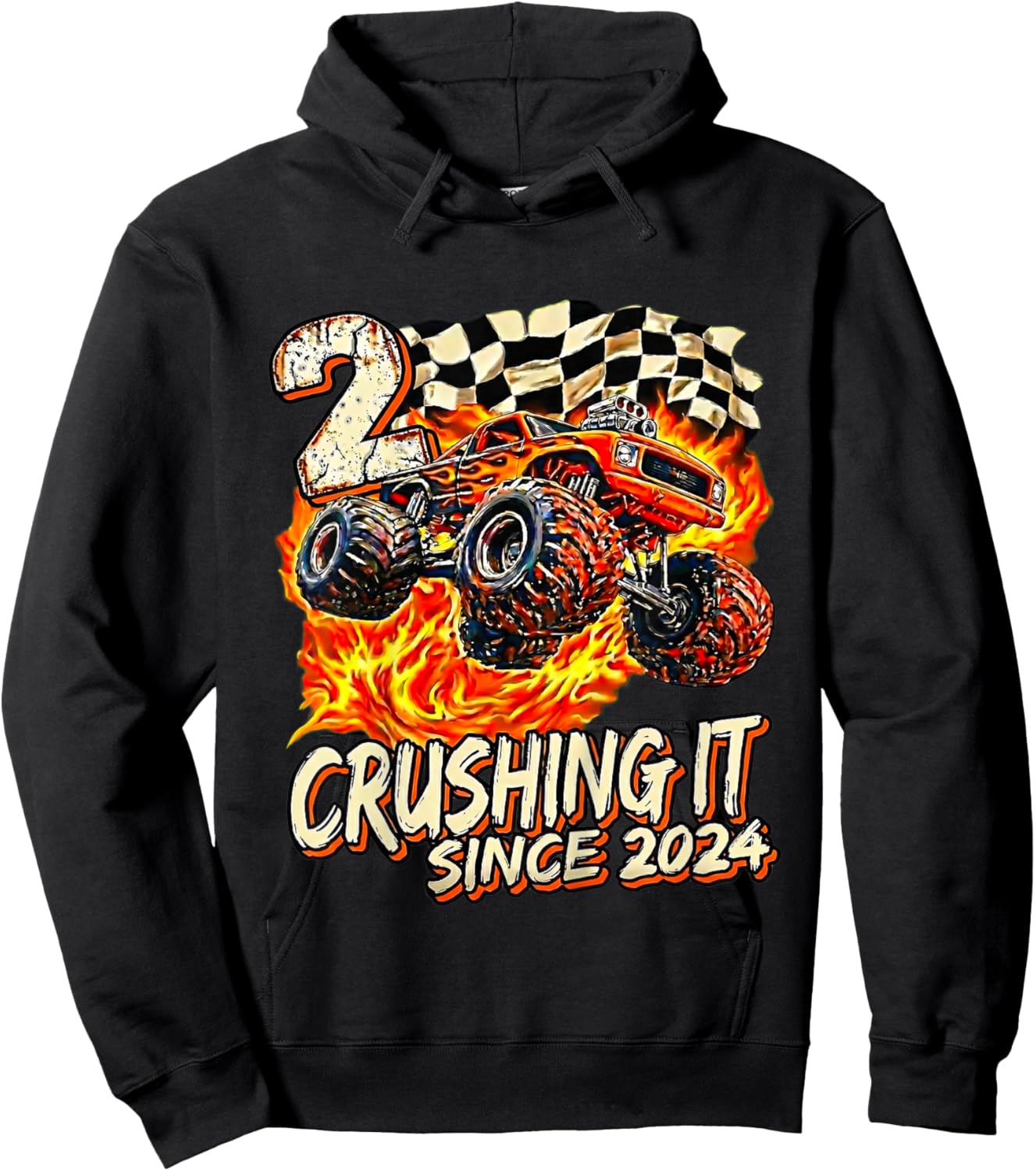 Kids Birthday Monster Truck Boy 2 Year Old Crushing It Since 2024 Hoodie - Hoodie | Black